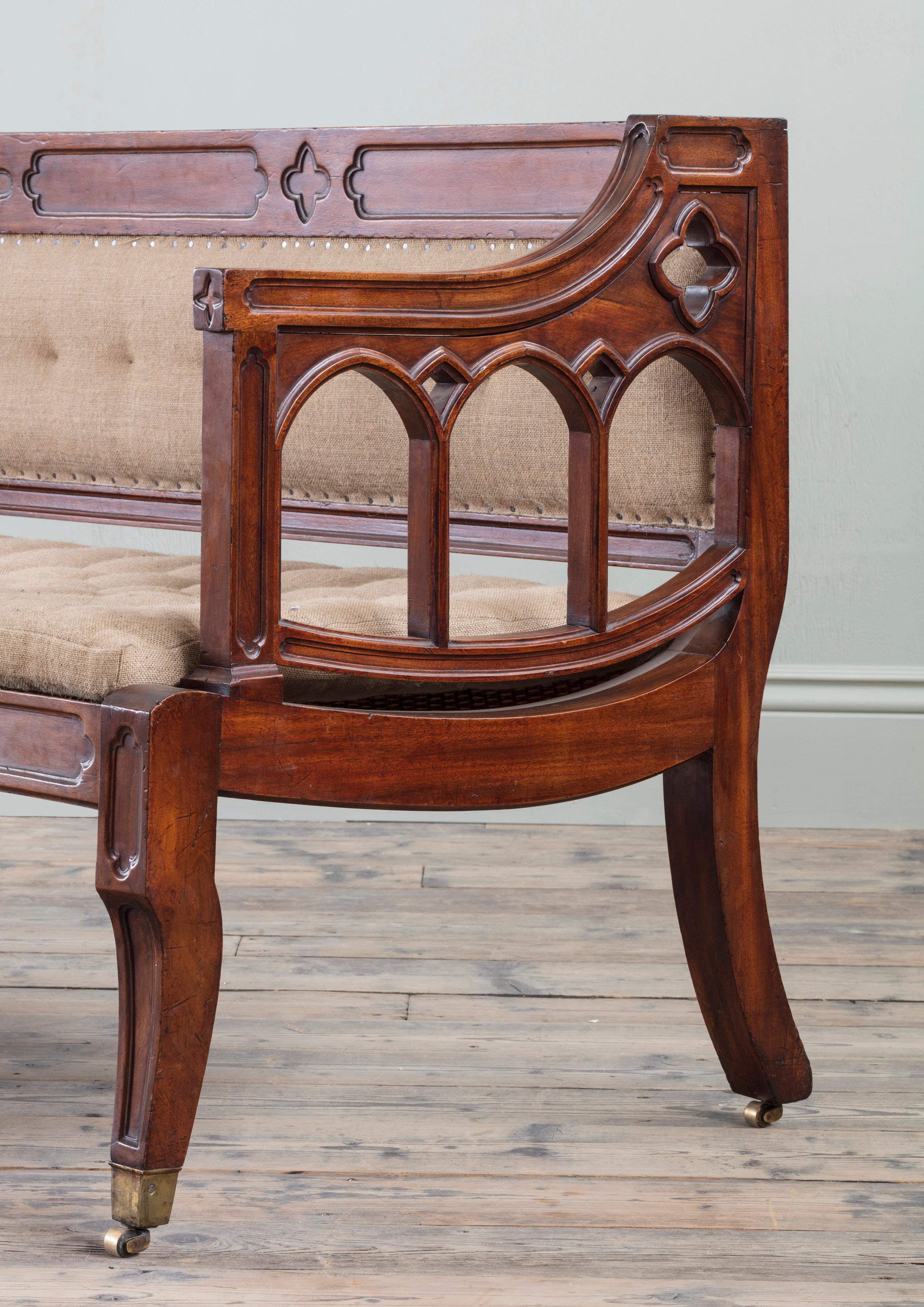 British Rare George III Mahogany Saddle Seat Settee of Unusual Gothic Design