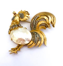 A rare gilt and grey paste 'rooster' brooch, Alfred Philippe for Trifari, 1950s.