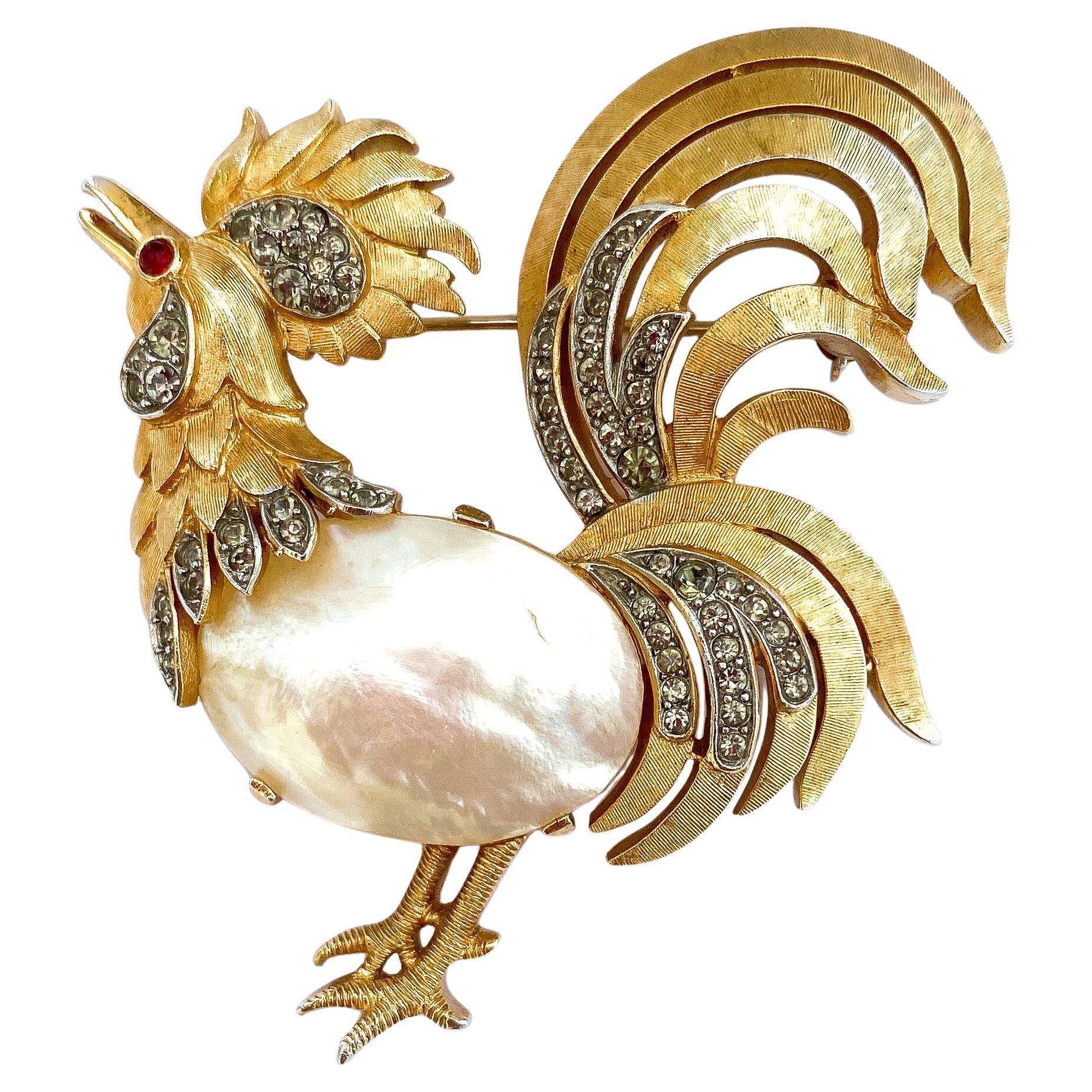 A rare gilt and grey paste 'rooster' brooch, Alfred Philippe for Trifari, 1950s. For Sale