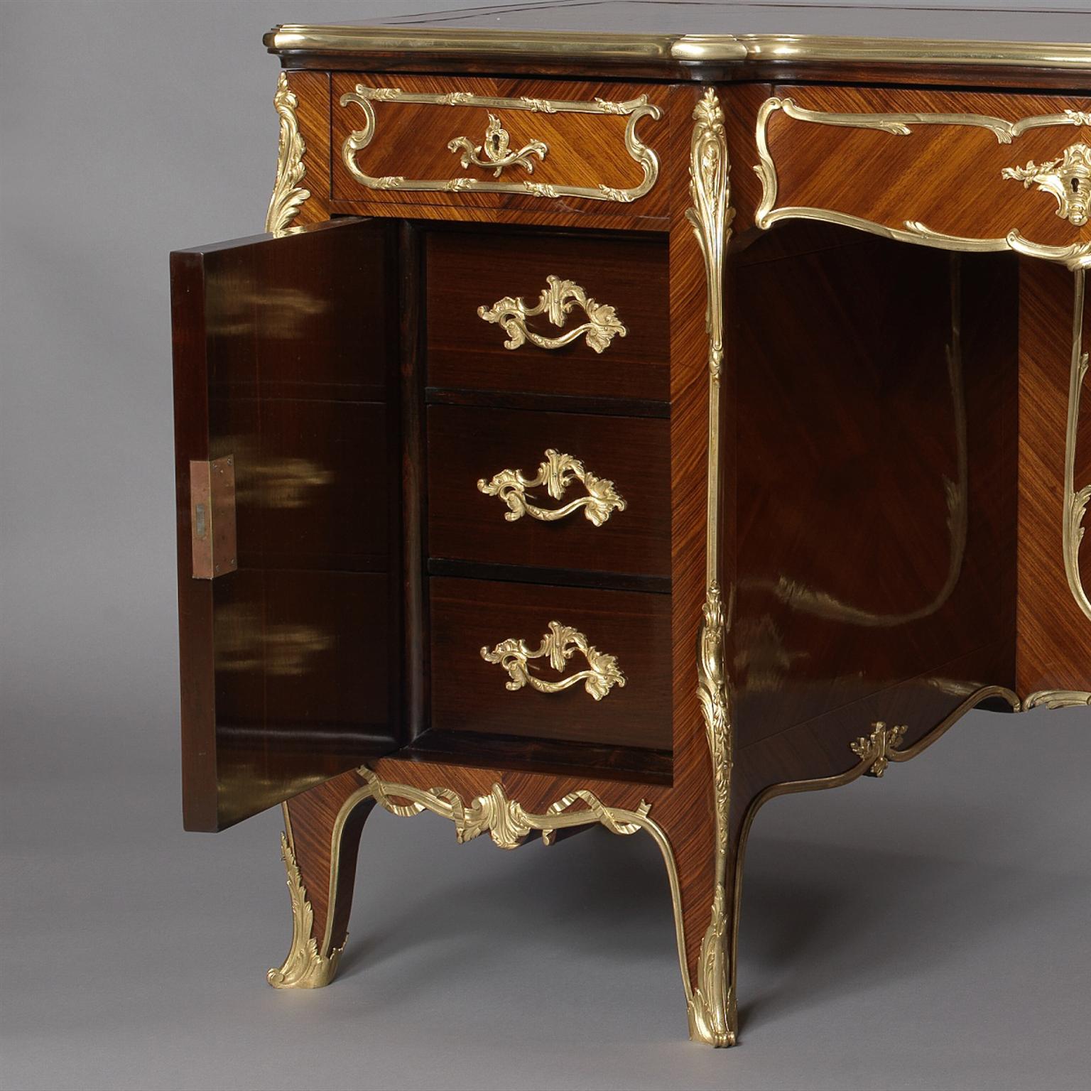 French Rare Gilt-Bronze Mounted Marquetry Pedestal Desk by François Linke, circa 1900 For Sale