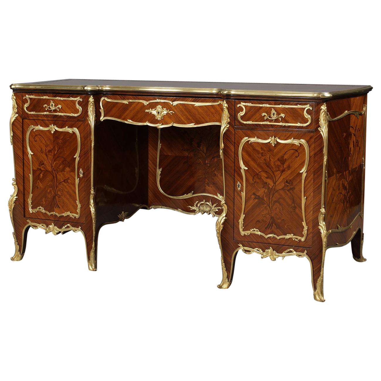 Raro escritorio con pedestal de marquetería y montura de bronce dorado de François Linke, hacia 1900