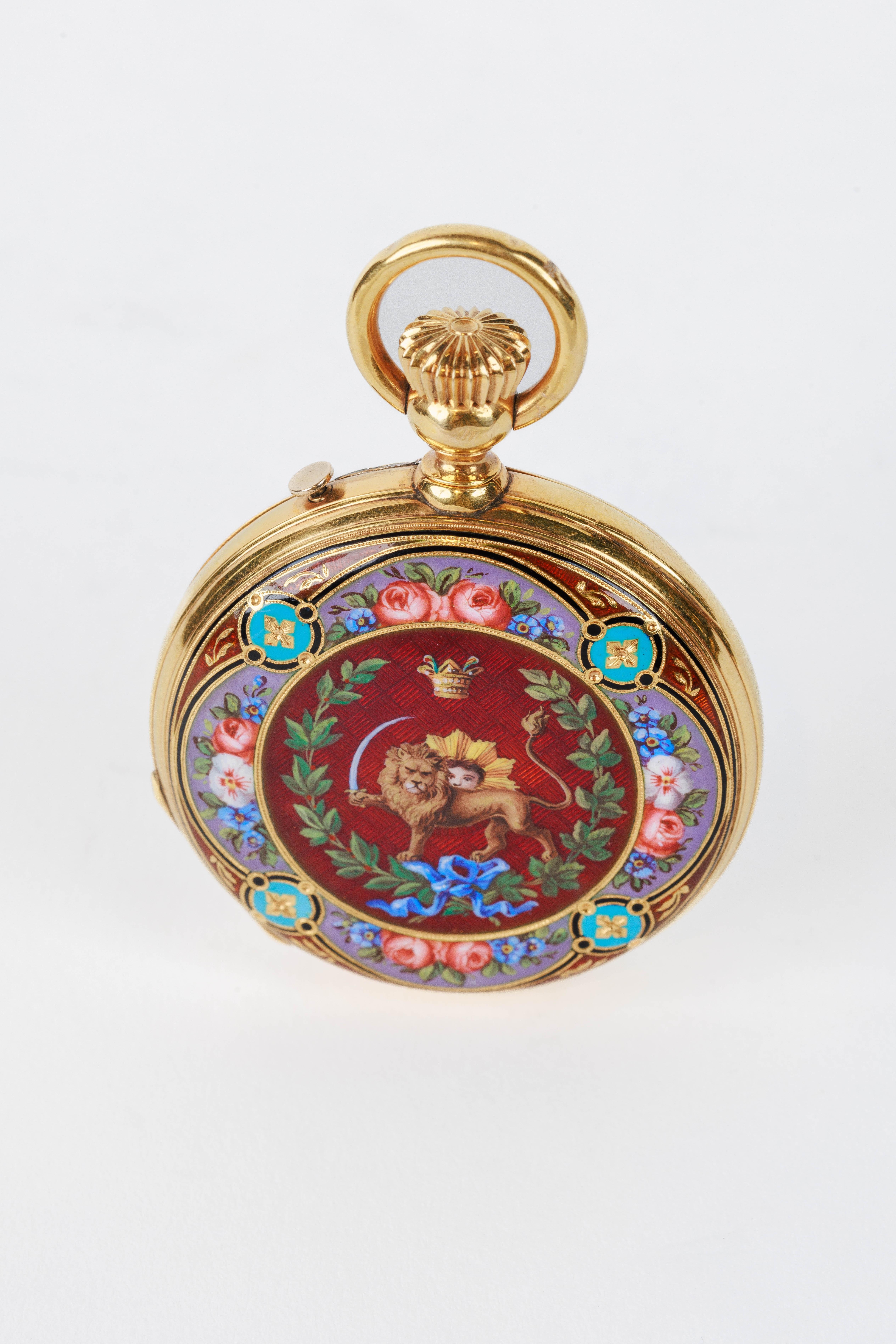 Rare Gold and Enamel Presentation Pocket Watch with Portrait of Naser Shah For Sale 3