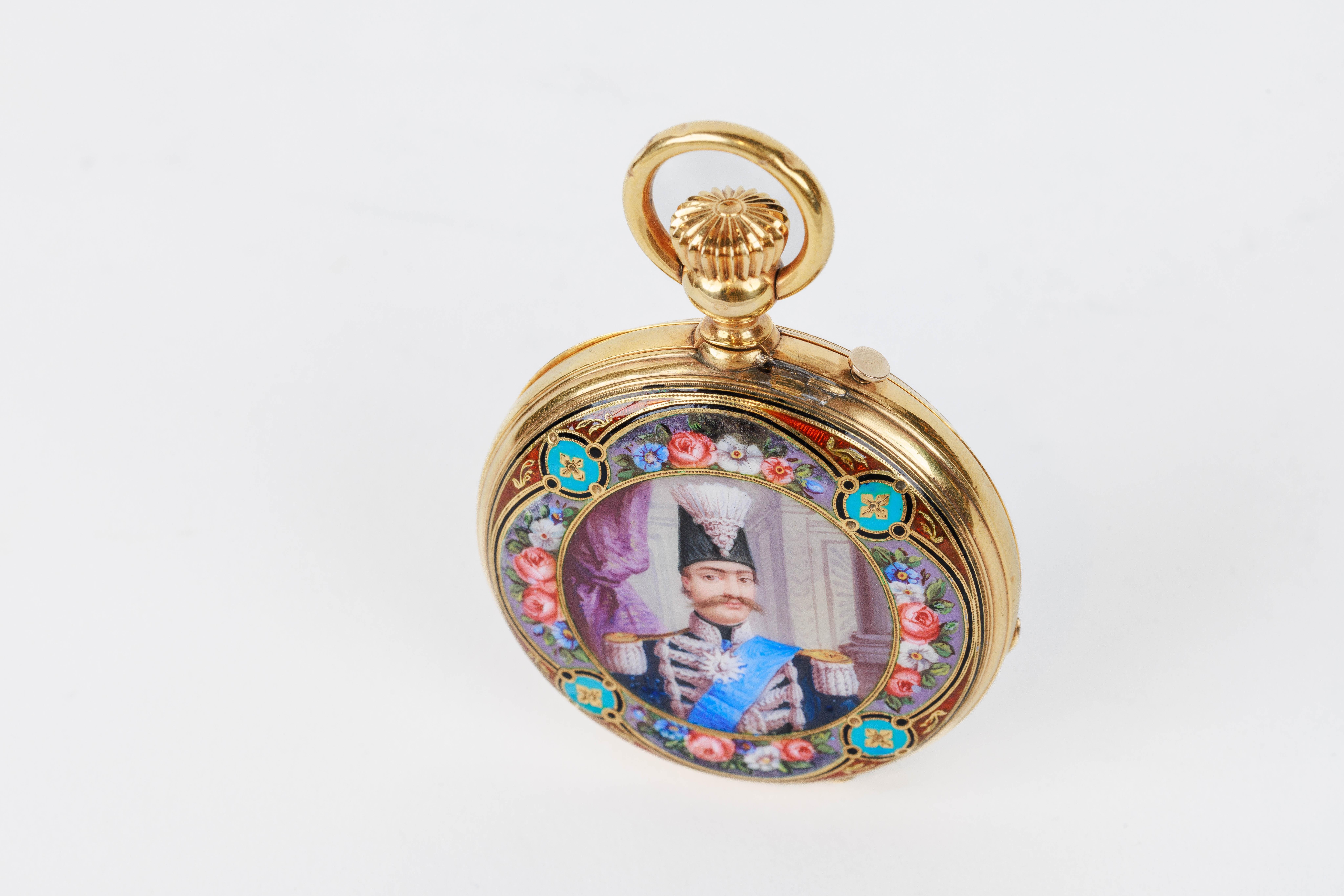 Rare Gold and Enamel Presentation Pocket Watch with Portrait of Naser Shah For Sale 4