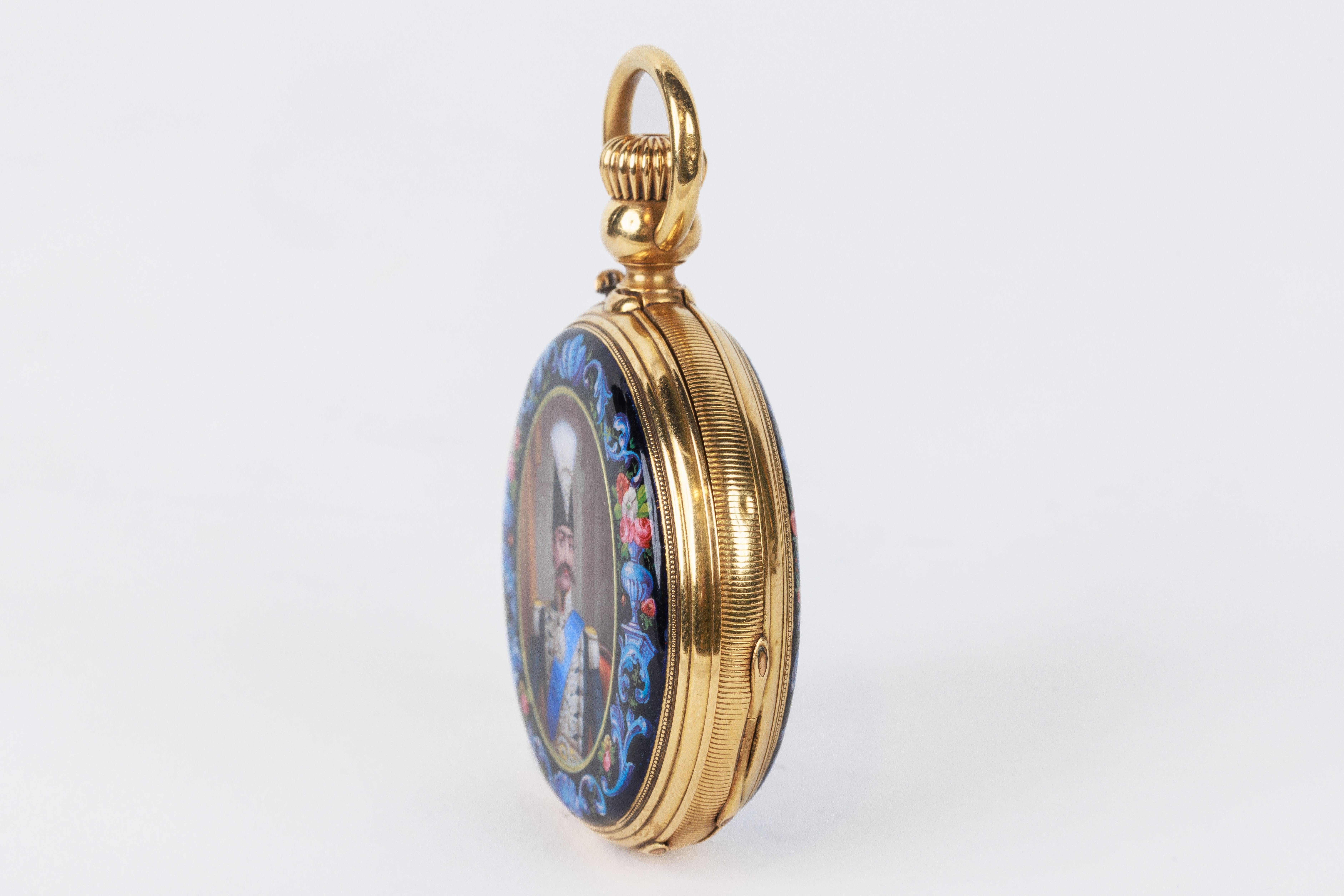 Rare Gold and Enamel Presentation Pocket Watch with Portrait of Naser Shah For Sale 13