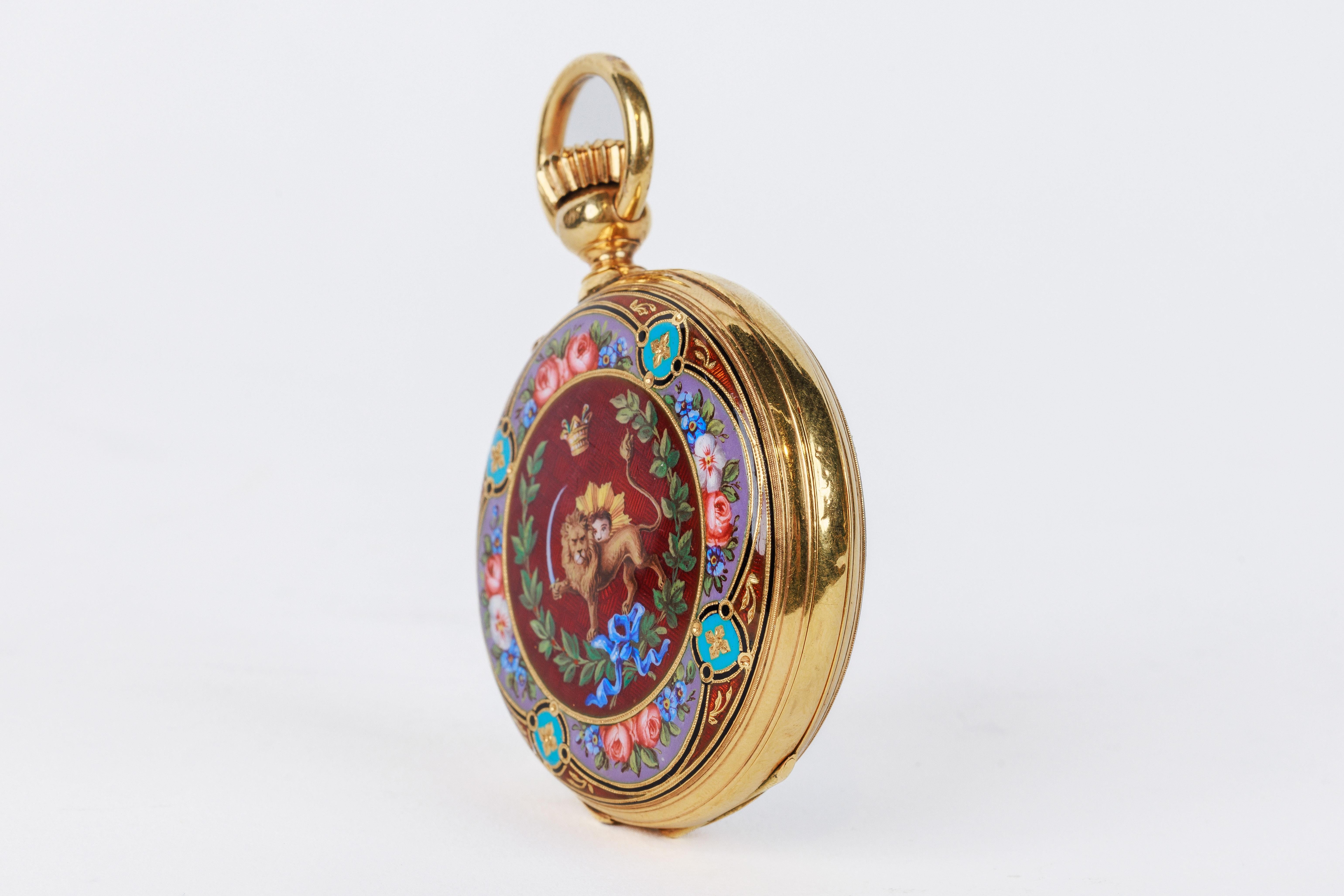 Rare Gold and Enamel Presentation Pocket Watch with Portrait of Naser Shah For Sale 12