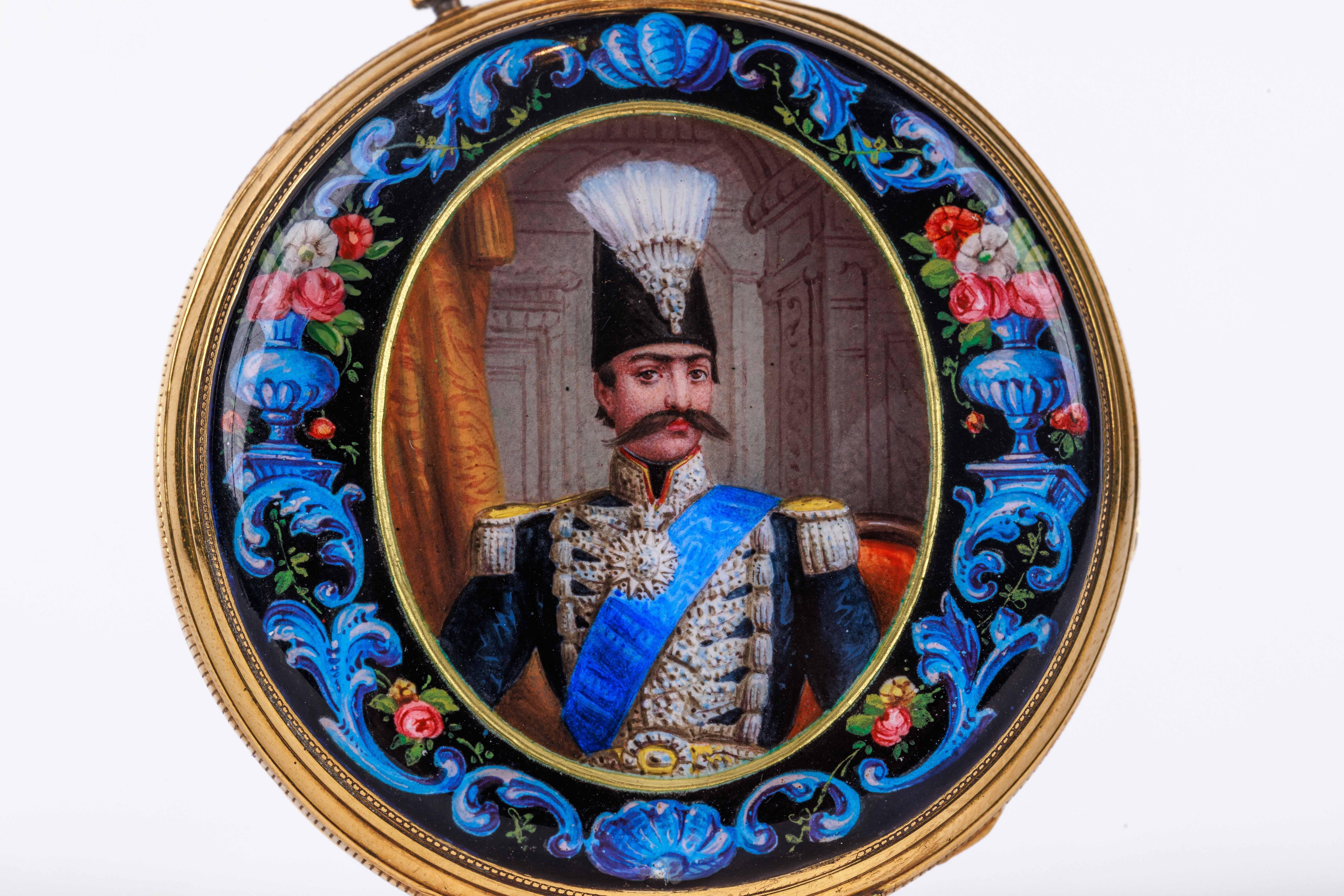 A Rare Swiss Gold and Enamel Hunting Case Presentation Pocket Watch with A Portrait of Naser Al Din Shah, of Persia.

Circa 1880.

Diameter 49 mm (2