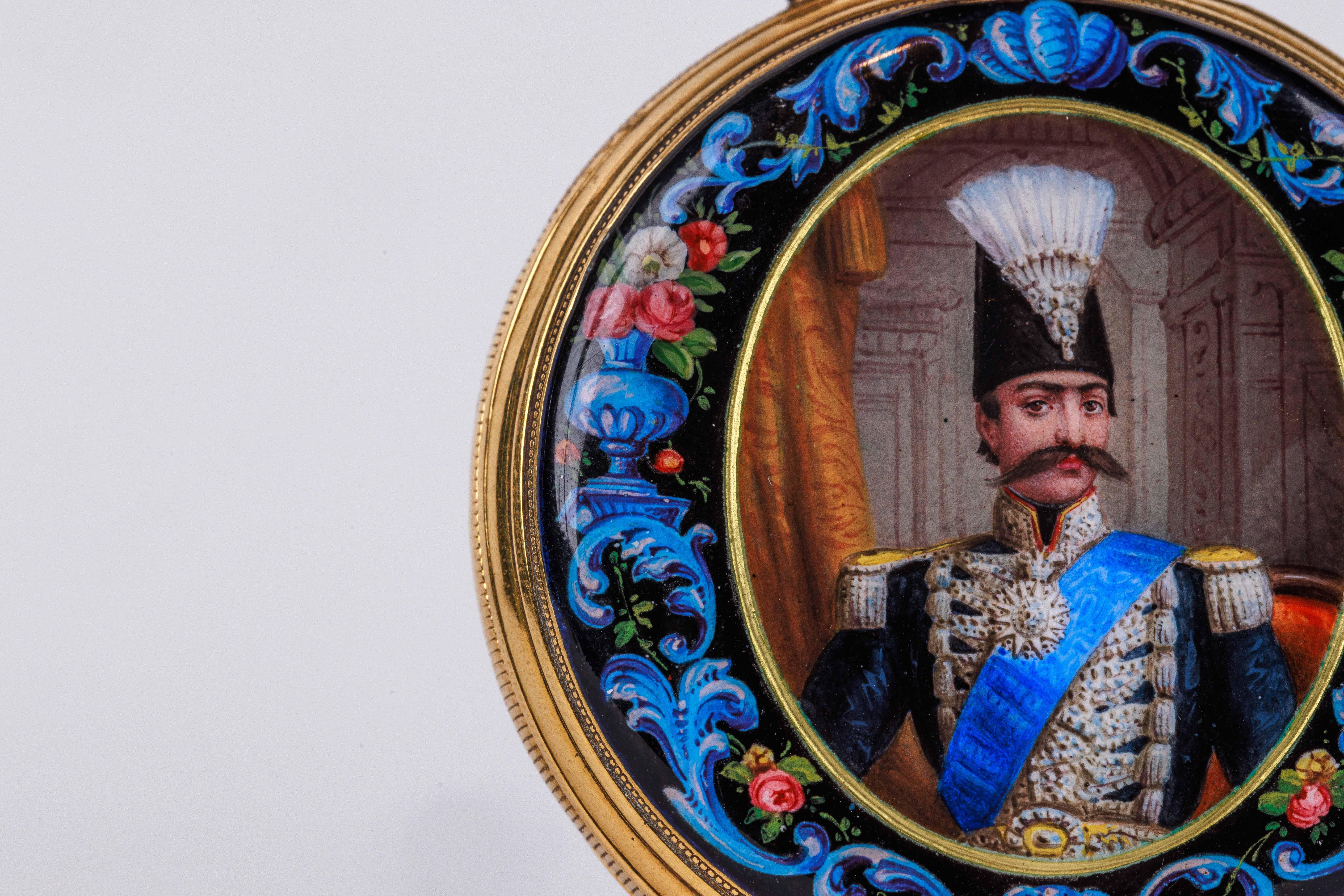 Rare Gold and Enamel Presentation Pocket Watch with Portrait of Naser Shah In Good Condition For Sale In New York, NY
