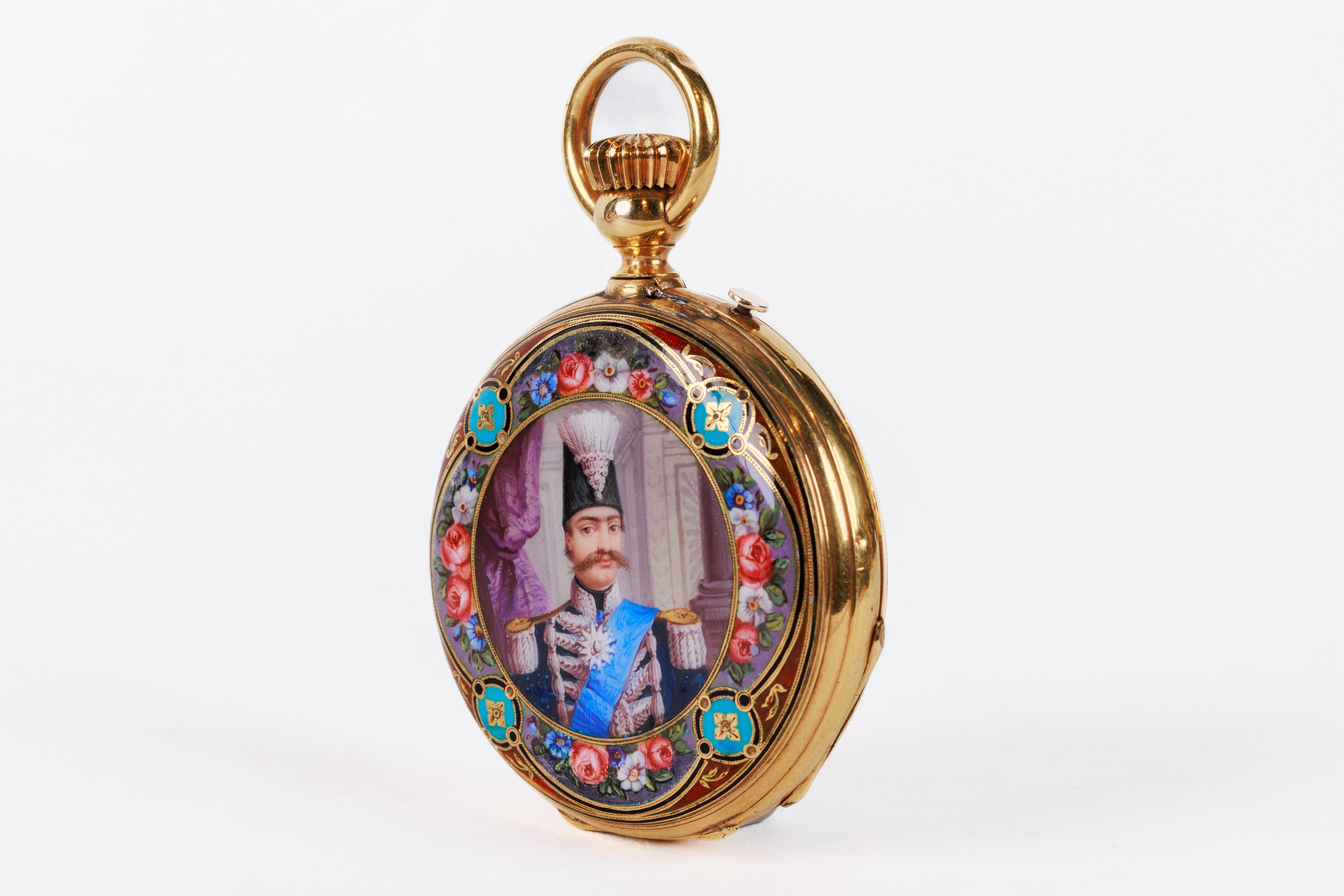 Rare montre de poche de présentation avec portrait de Naser Shah Unisexe en vente