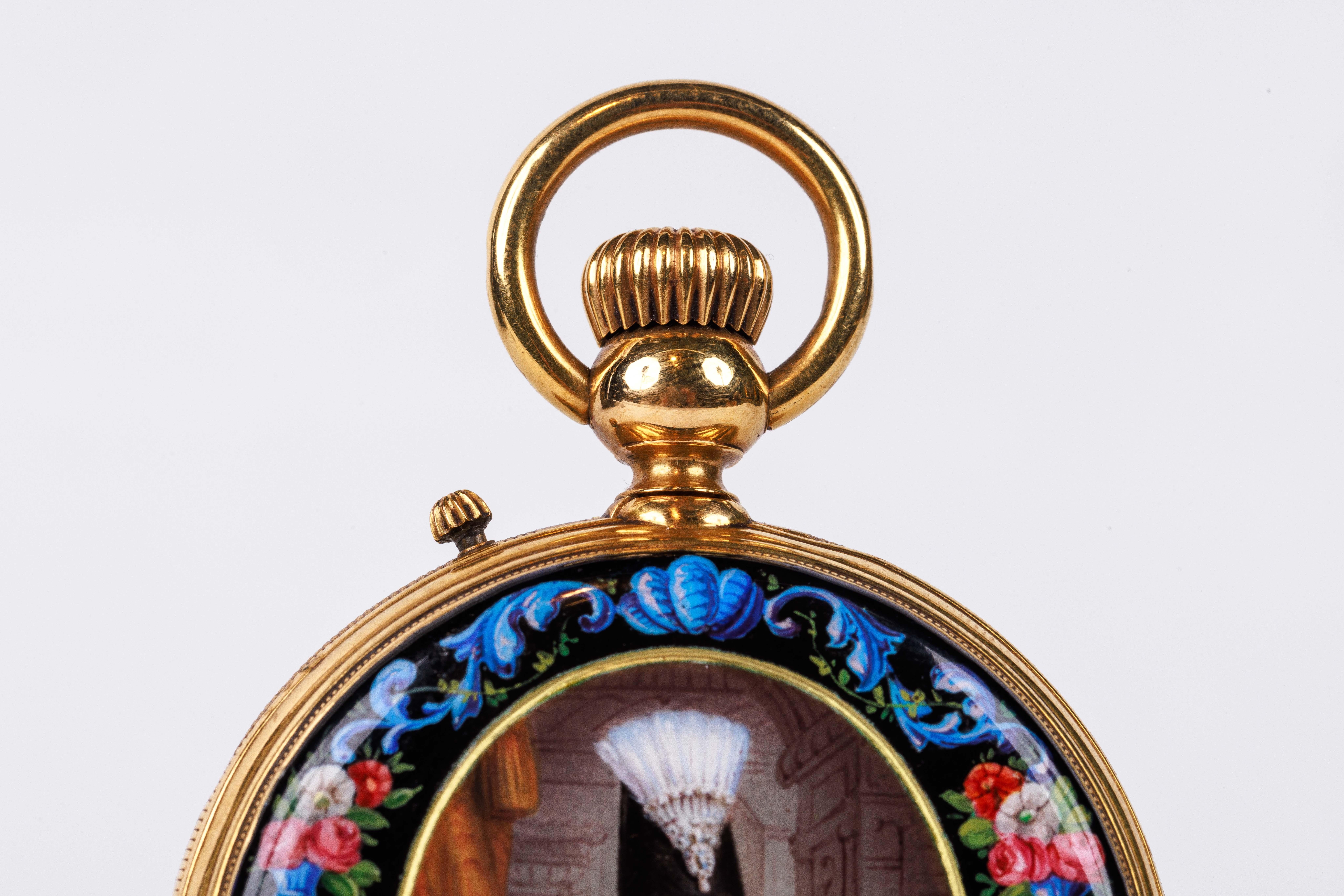 Rare Gold and Enamel Presentation Pocket Watch with Portrait of Naser Shah For Sale 1
