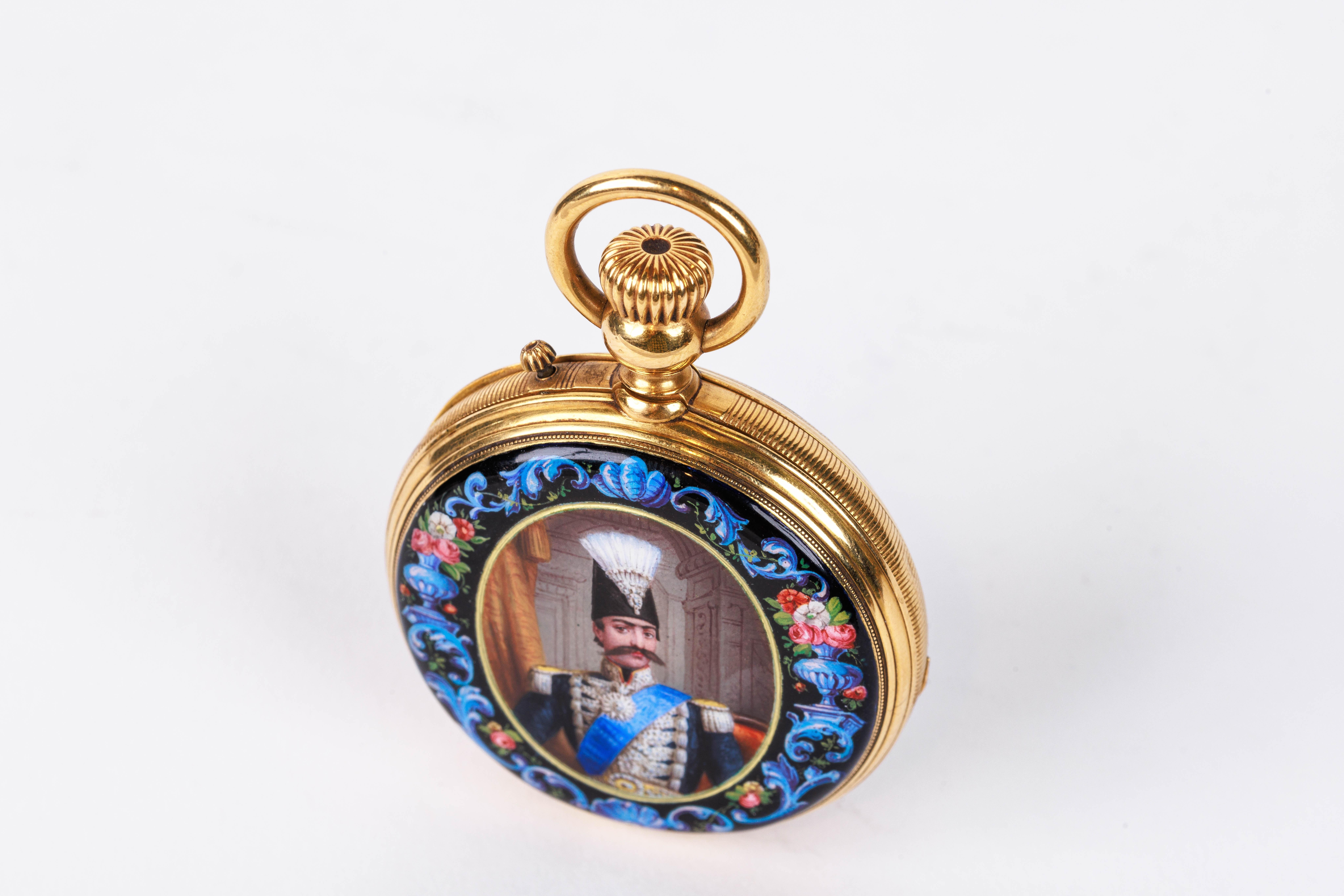Rare Gold and Enamel Presentation Pocket Watch with Portrait of Naser Shah For Sale 2