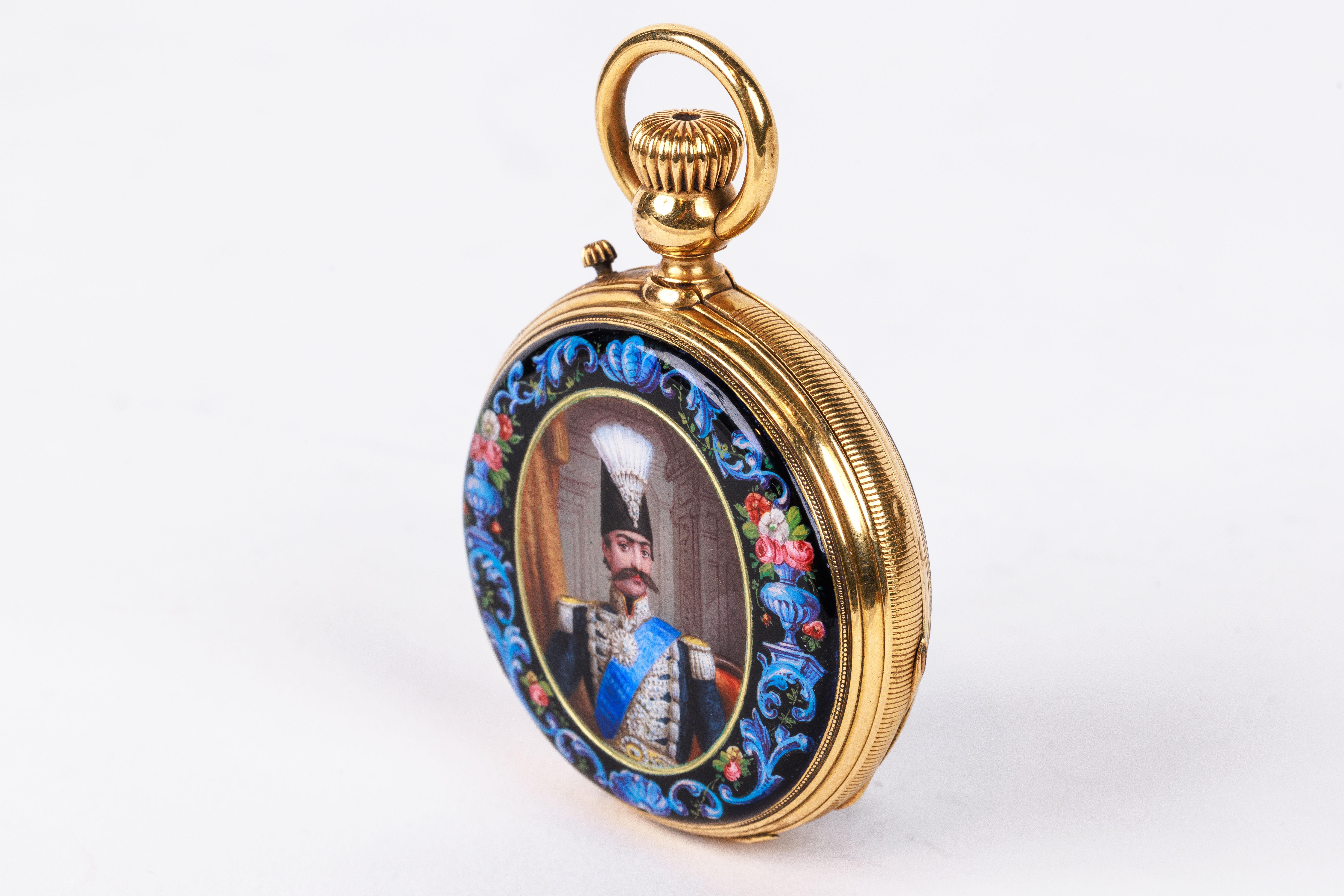 Rare Gold and Enamel Presentation Pocket Watch with Portrait of Naser Shah For Sale 3