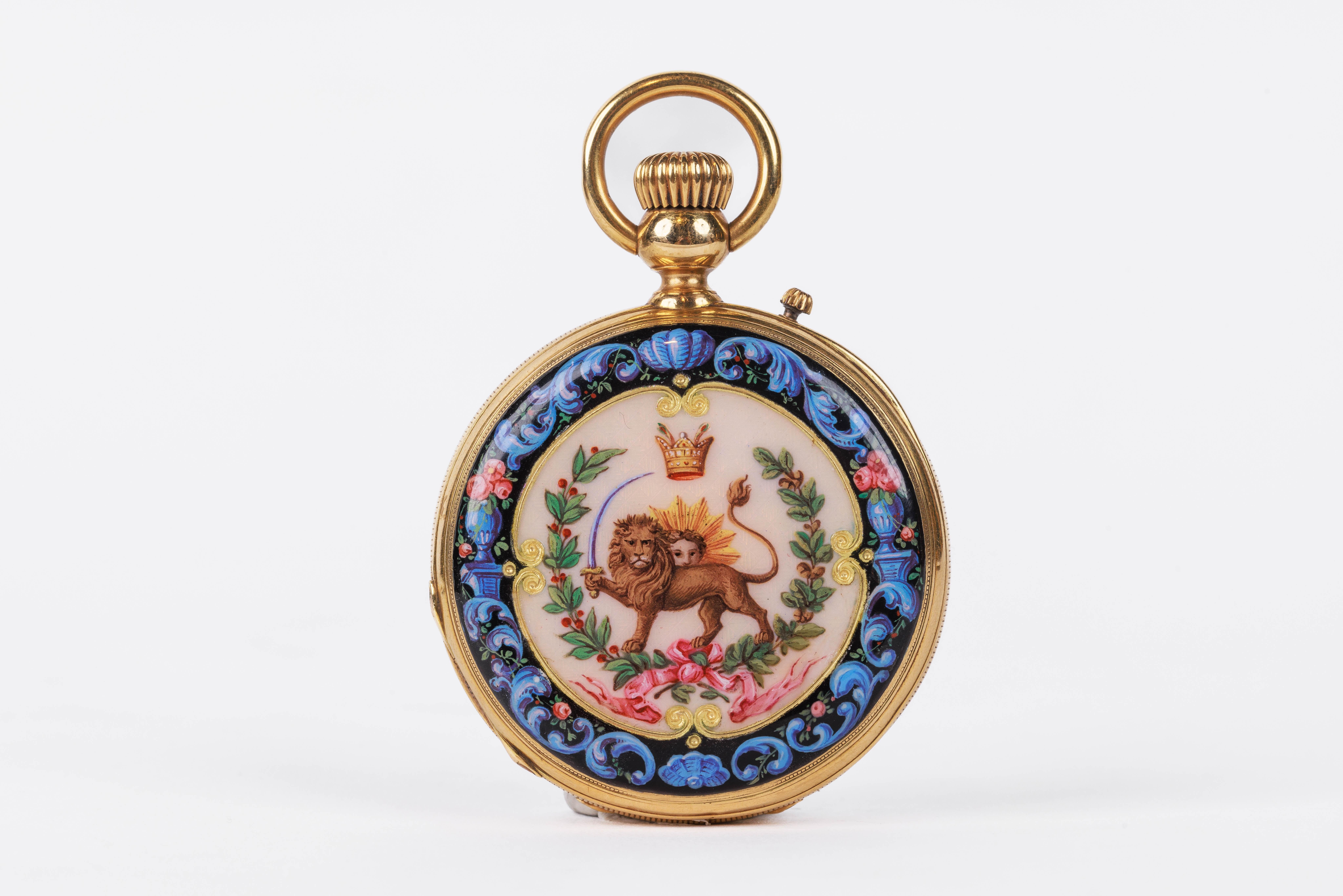 Rare Gold and Enamel Presentation Pocket Watch with Portrait of Naser Shah For Sale 4