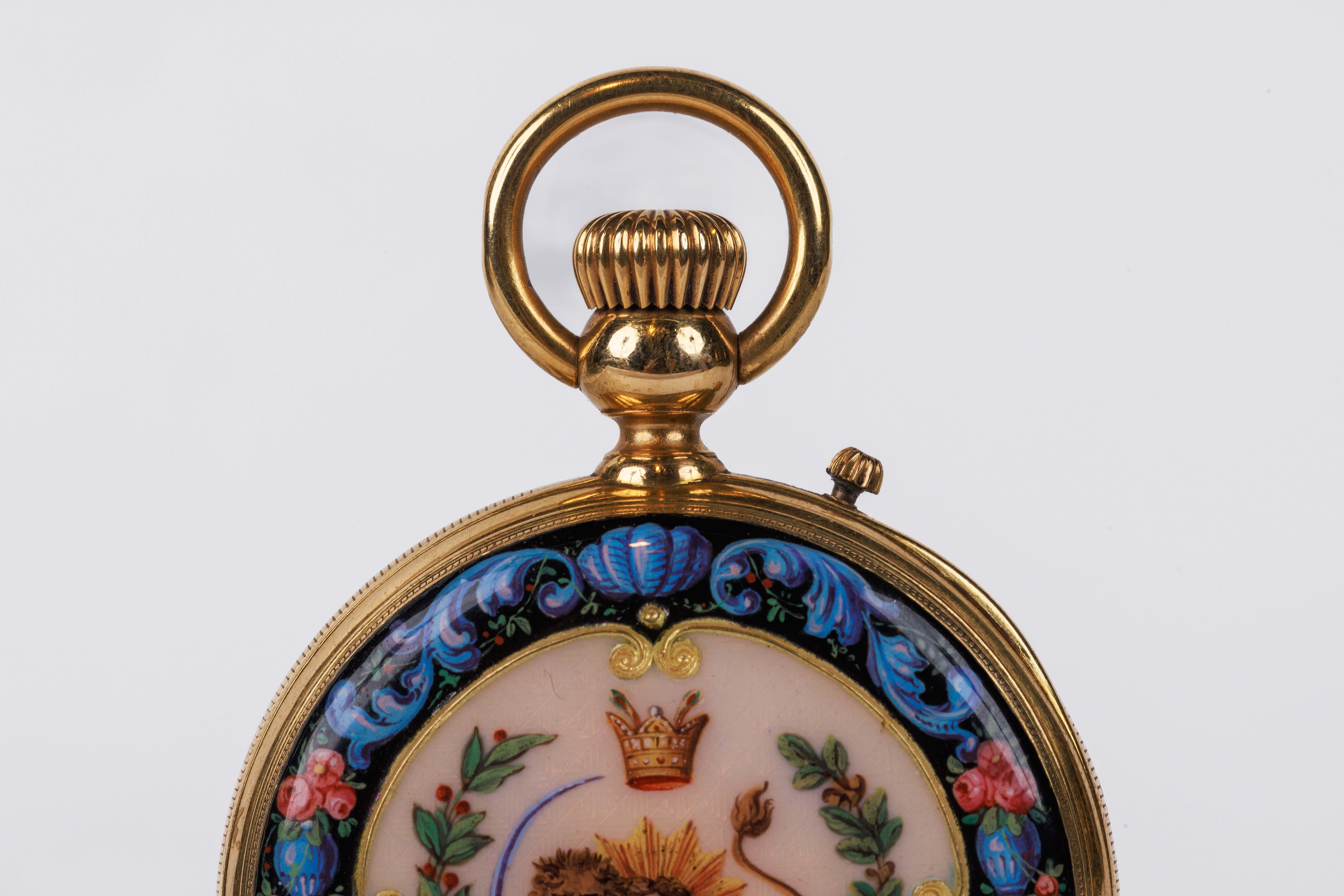 Rare Gold and Enamel Presentation Pocket Watch with Portrait of Naser Shah For Sale 5