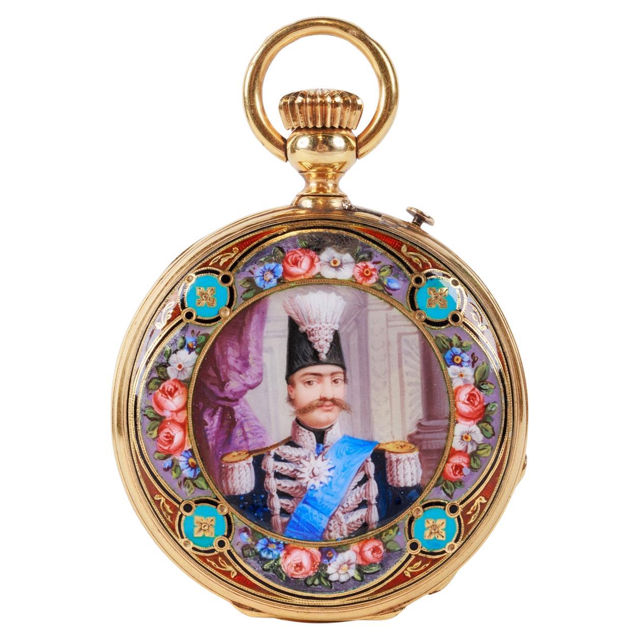 Rare Gold and Enamel Presentation Pocket Watch with Portrait of Naser Shah For Sale