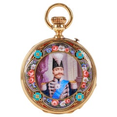 Rare Gold and Enamel Presentation Pocket Watch with Portrait of Naser Shah