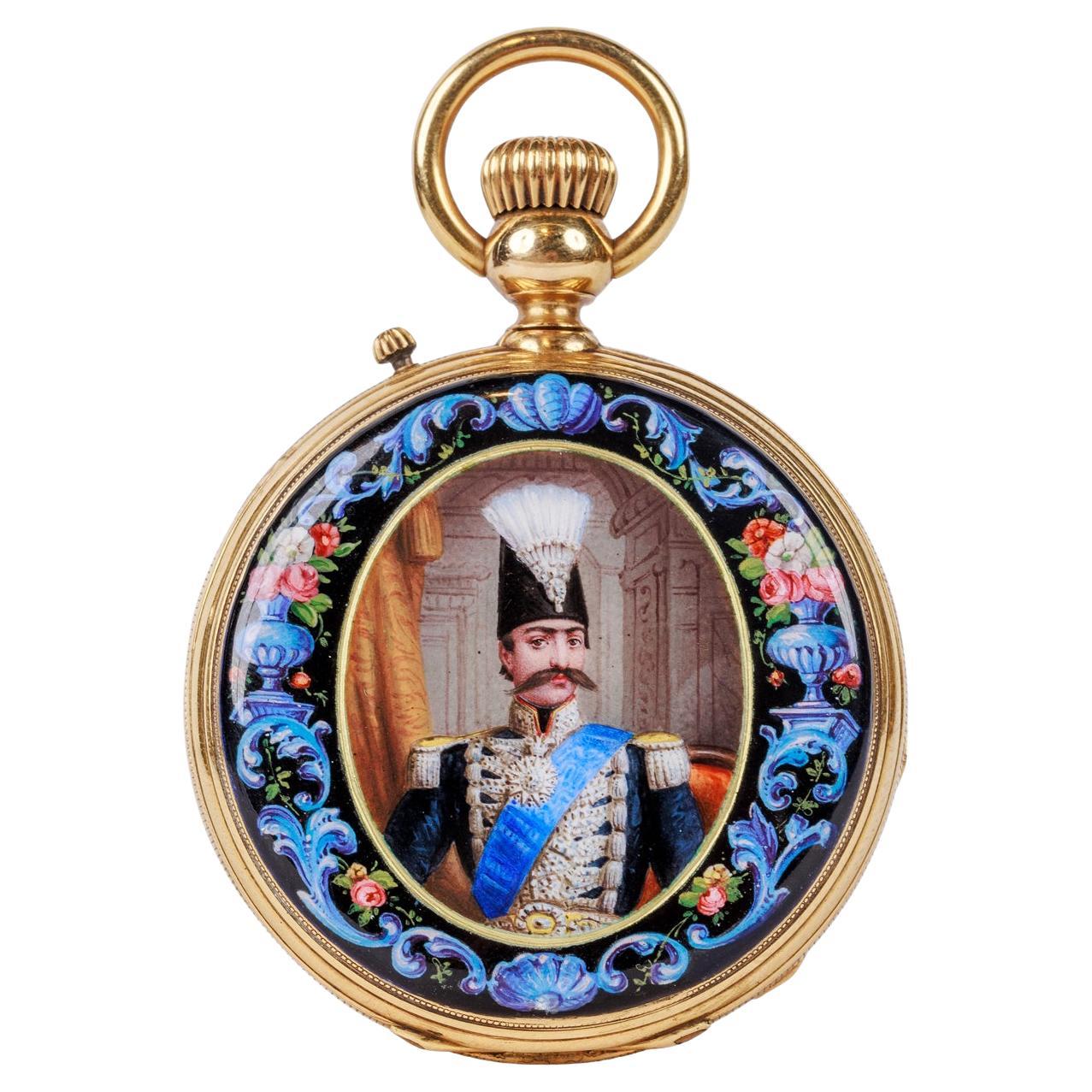Rare Gold and Enamel Presentation Pocket Watch with Portrait of Naser Shah For Sale