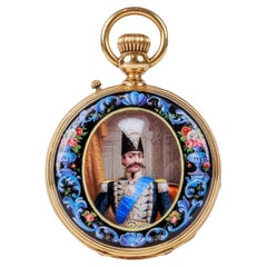 Rare Gold and Enamel Presentation Pocket Watch with Portrait of Naser Shah