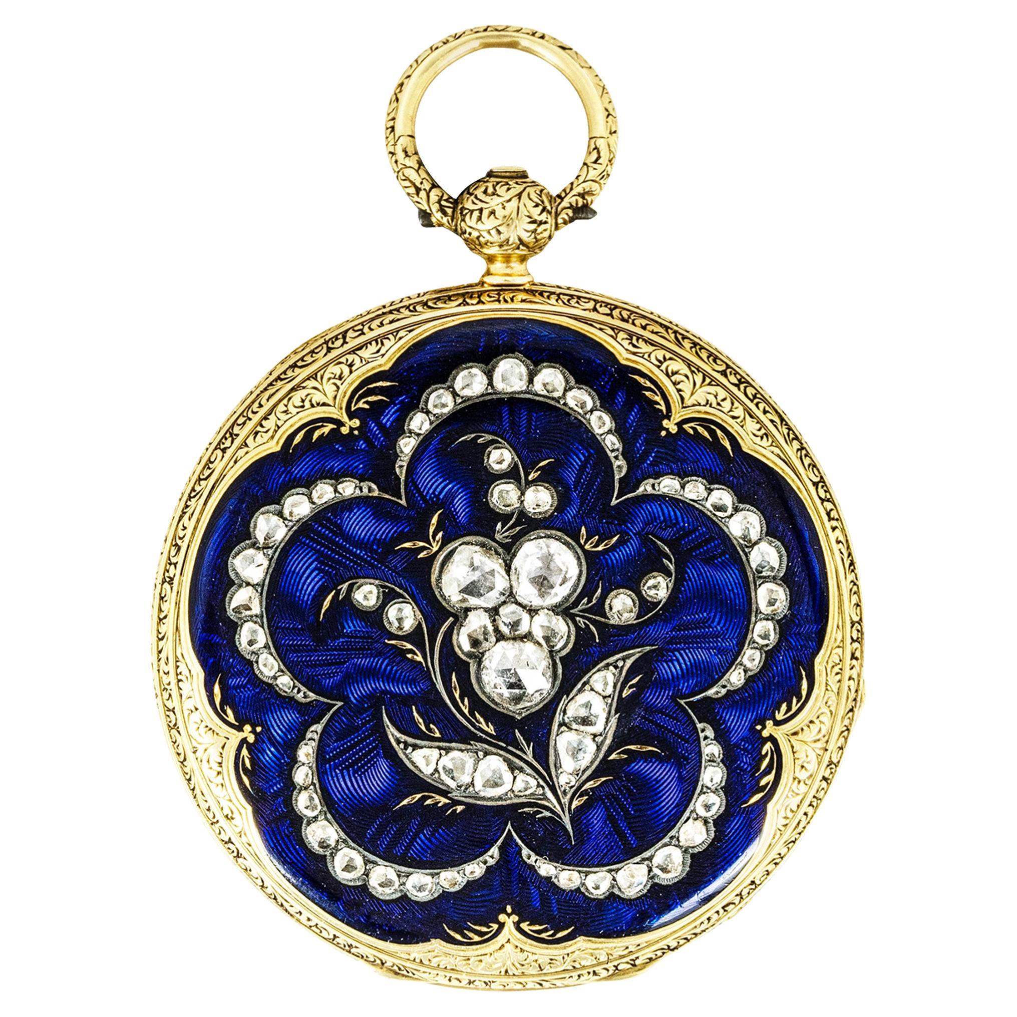 A Rare Gold Blue Enamel and Diamond Keywind Fob Watch C1860 For Sale