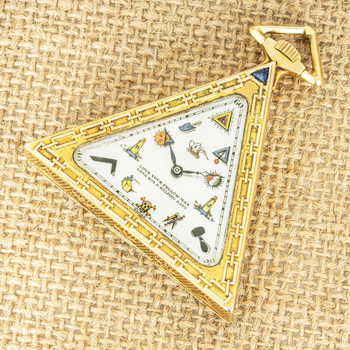 A Rare Gold Masonic Triangular Keyless Lever Pocket Watch C1920.


Dial: The super Mother of Pearl dial in perfect condition with the all seeing eye at twelve o'clock with the other Masonic symbols representing the number on the dial. The dial is