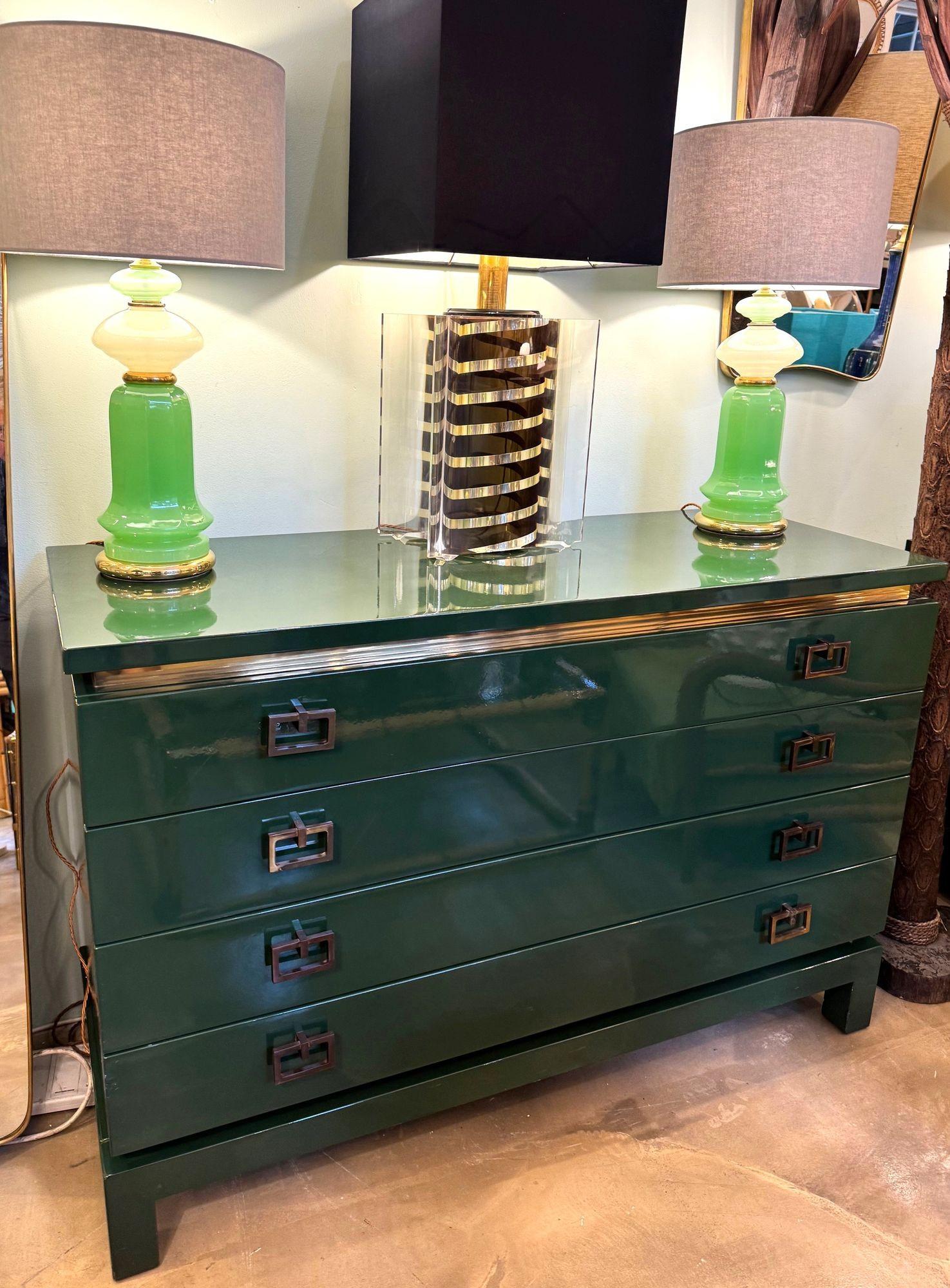 French A rare green lacquered 1970s chest of drawers by Guy Lefevre for Maison Jansen