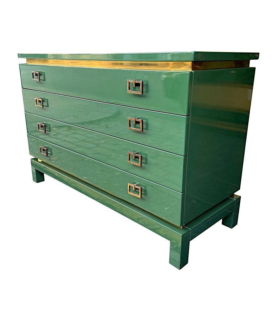 A rare green lacquered 1970s chest of drawers by Guy Lefevre for Maison Jansen 1