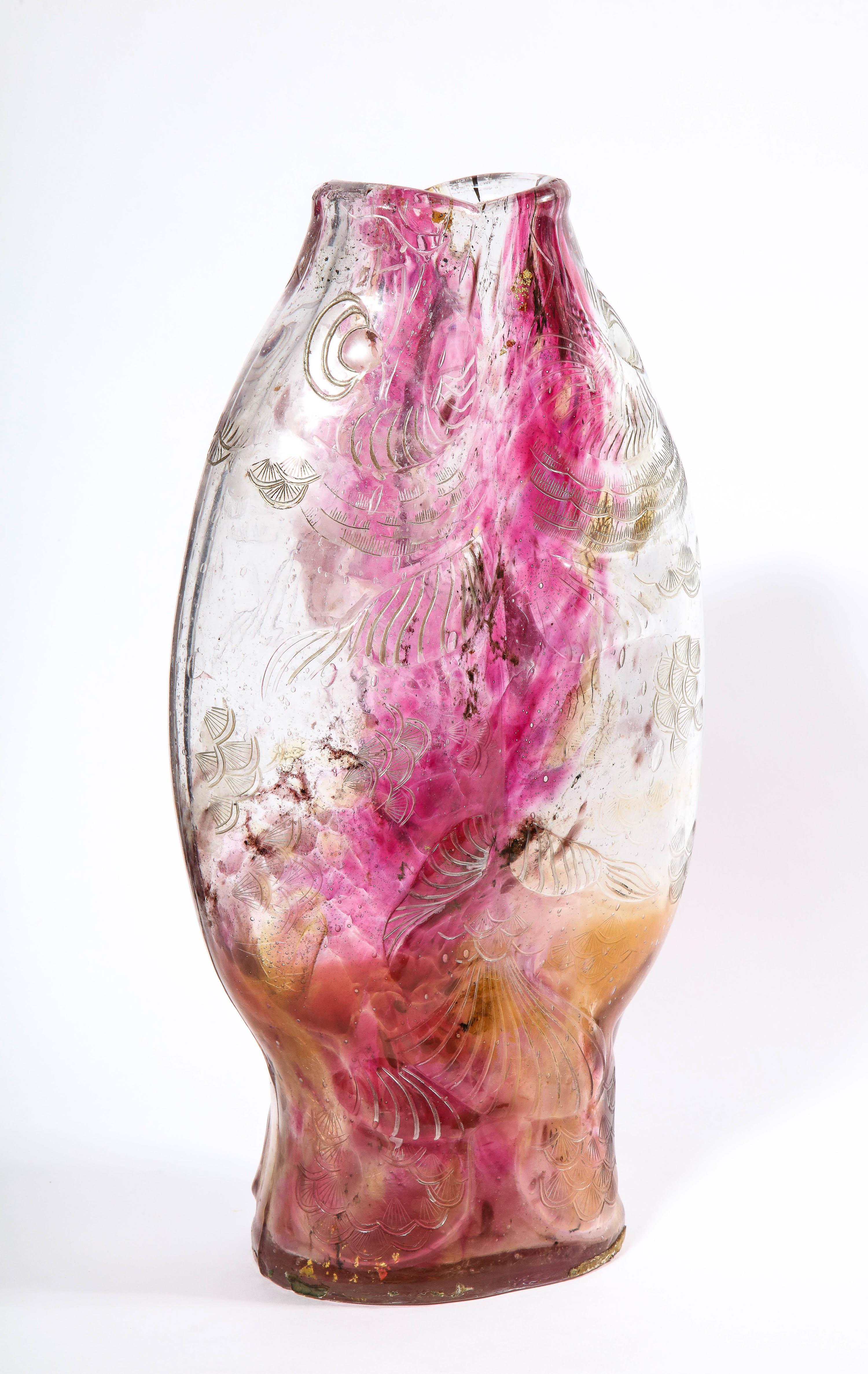 Emile Galle, A Rare & Important Ormolu-Mounted Double Carp Fish Pink-Glass Vase For Sale 8
