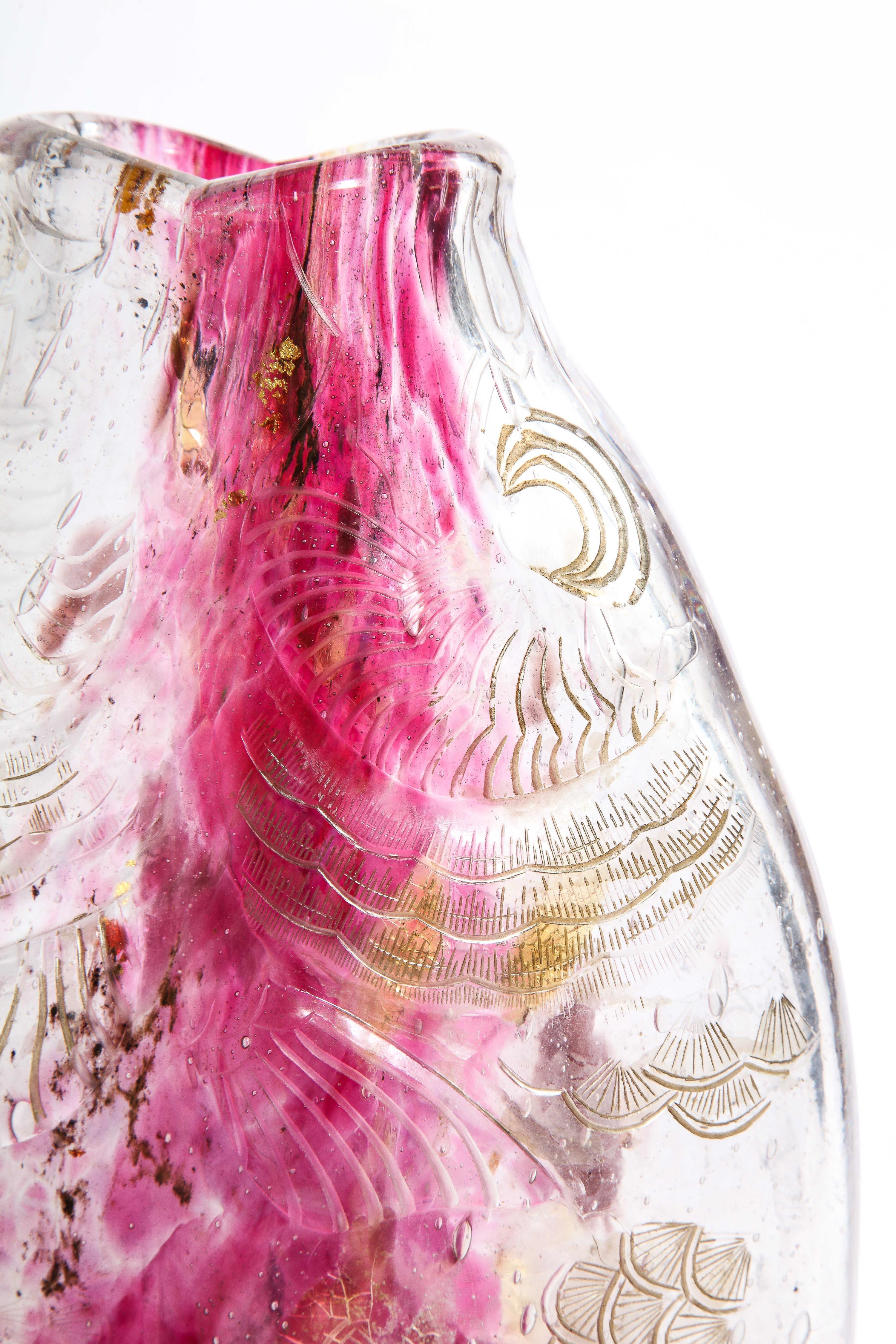 Emile Galle, A Rare & Important Ormolu-Mounted Double Carp Fish Pink-Glass Vase For Sale 9