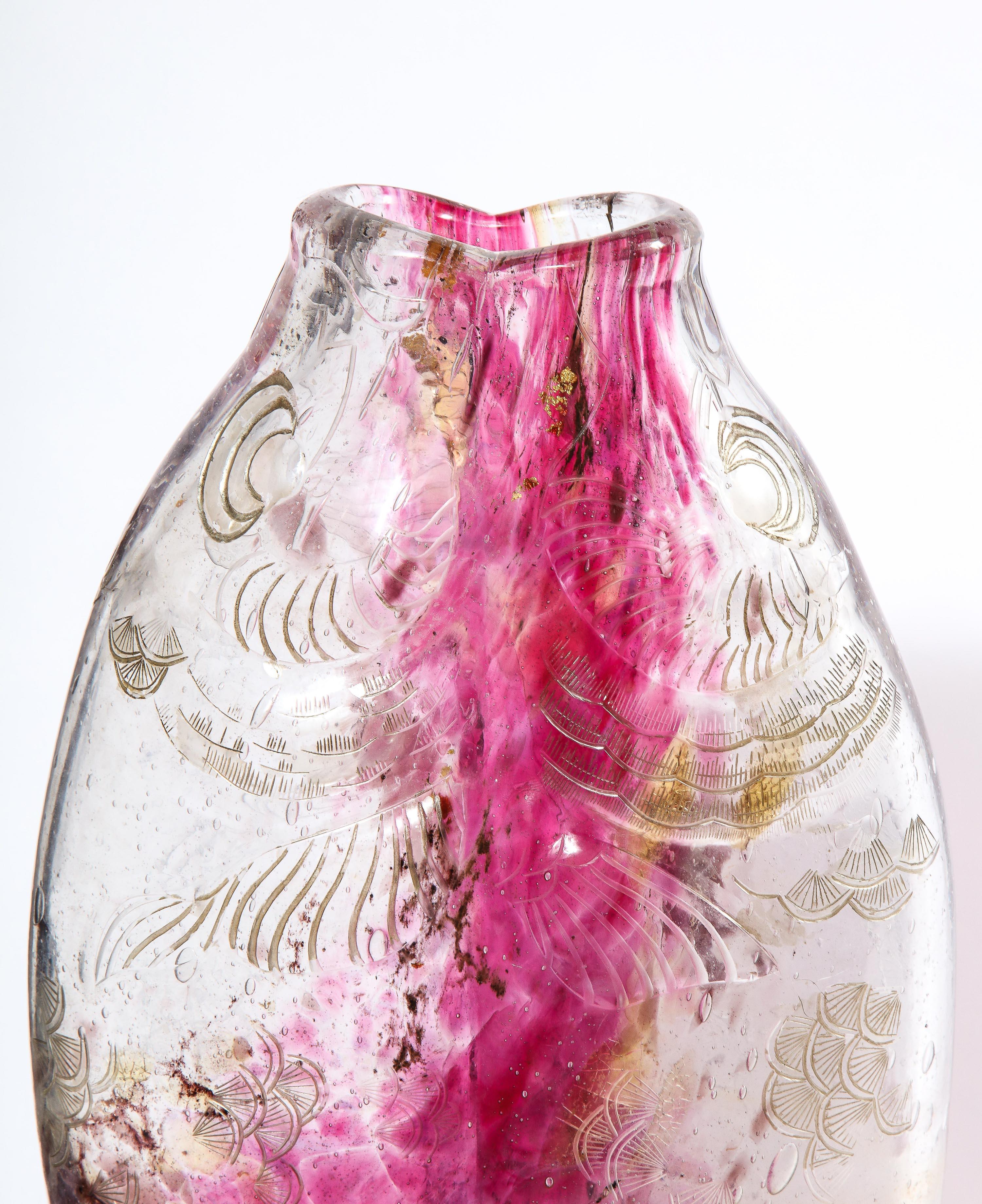 Japonisme Emile Galle, A Rare & Important Ormolu-Mounted Double Carp Fish Pink-Glass Vase For Sale