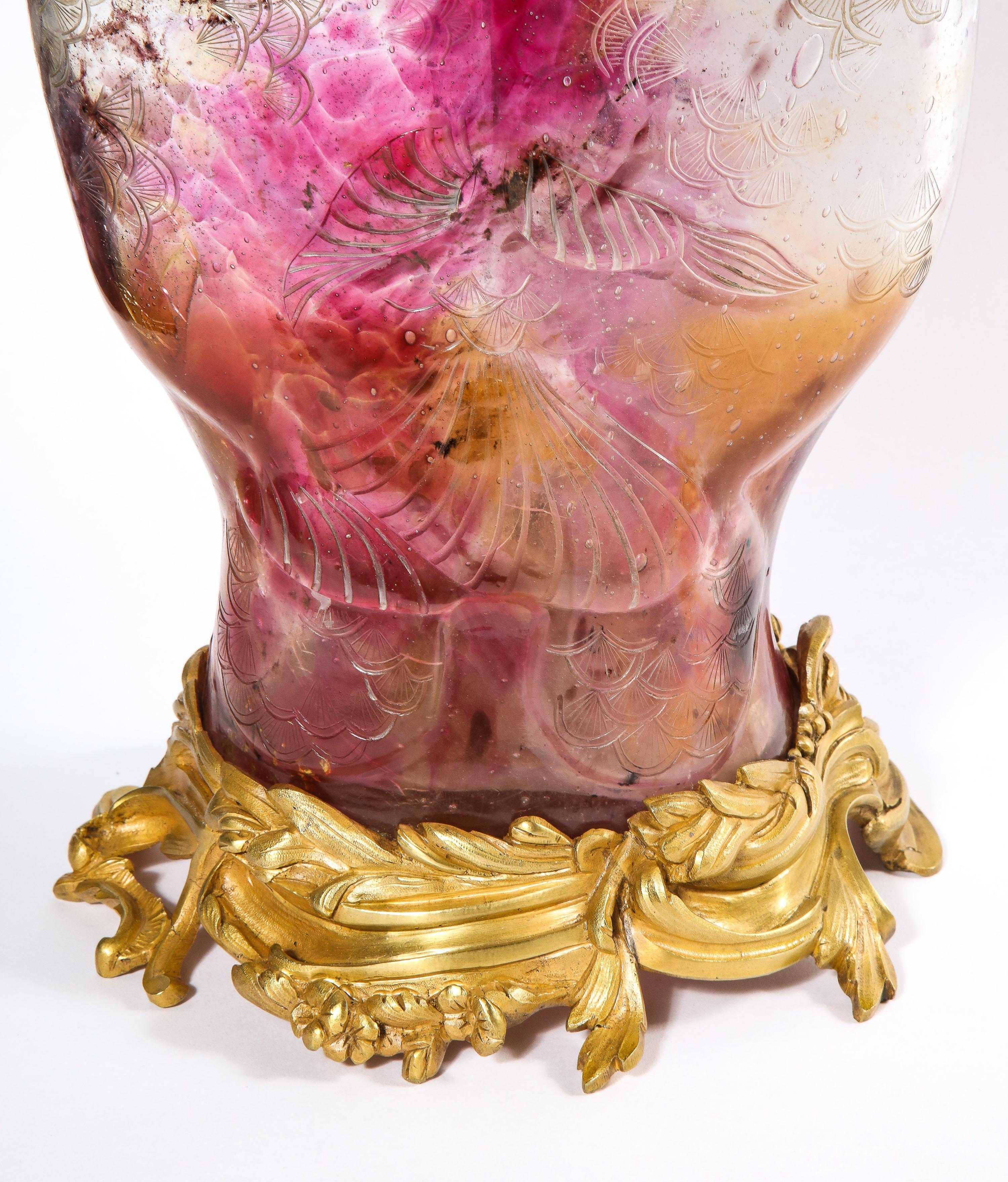 French Emile Galle, A Rare & Important Ormolu-Mounted Double Carp Fish Pink-Glass Vase For Sale