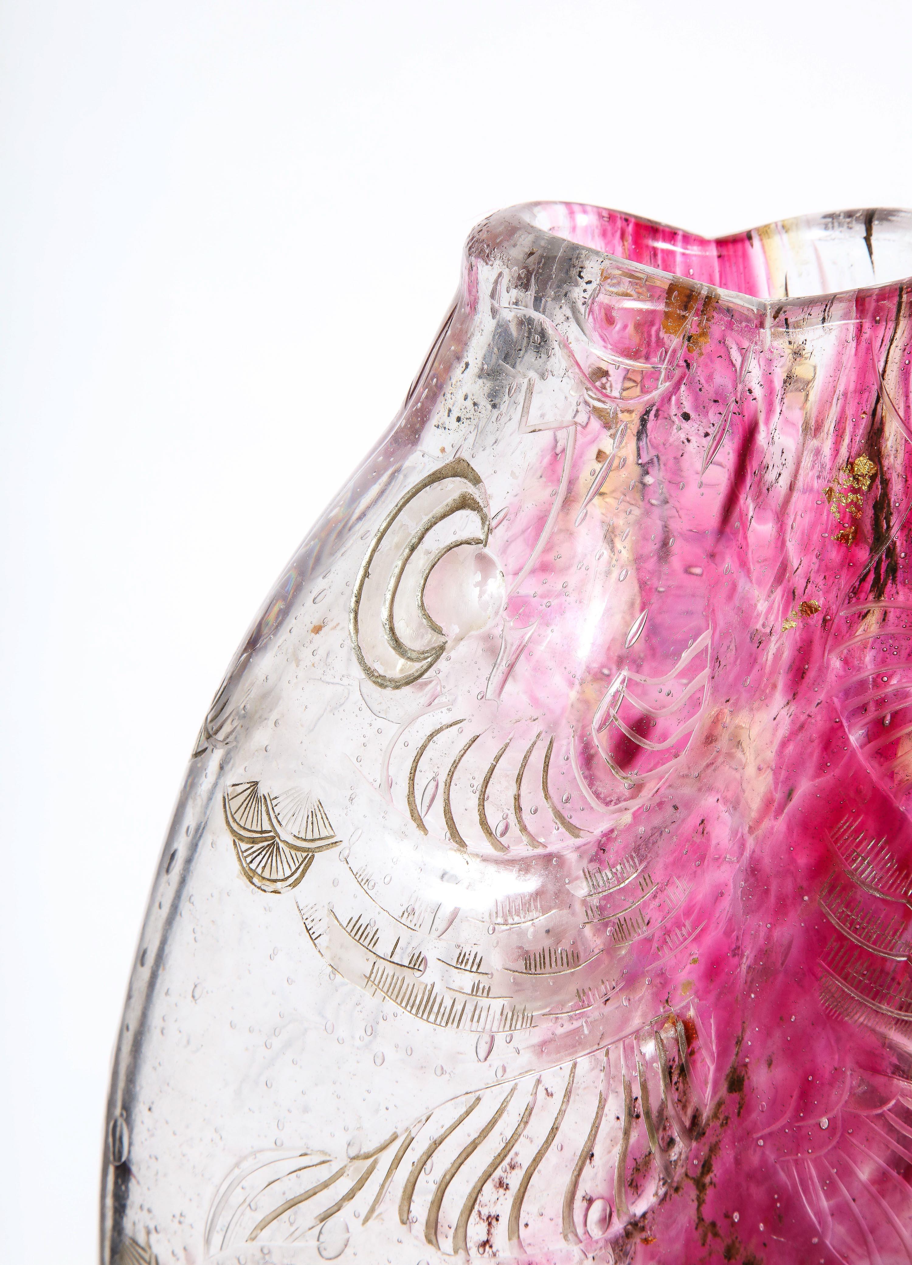 Emile Galle, A Rare & Important Ormolu-Mounted Double Carp Fish Pink-Glass Vase In Good Condition For Sale In New York, NY