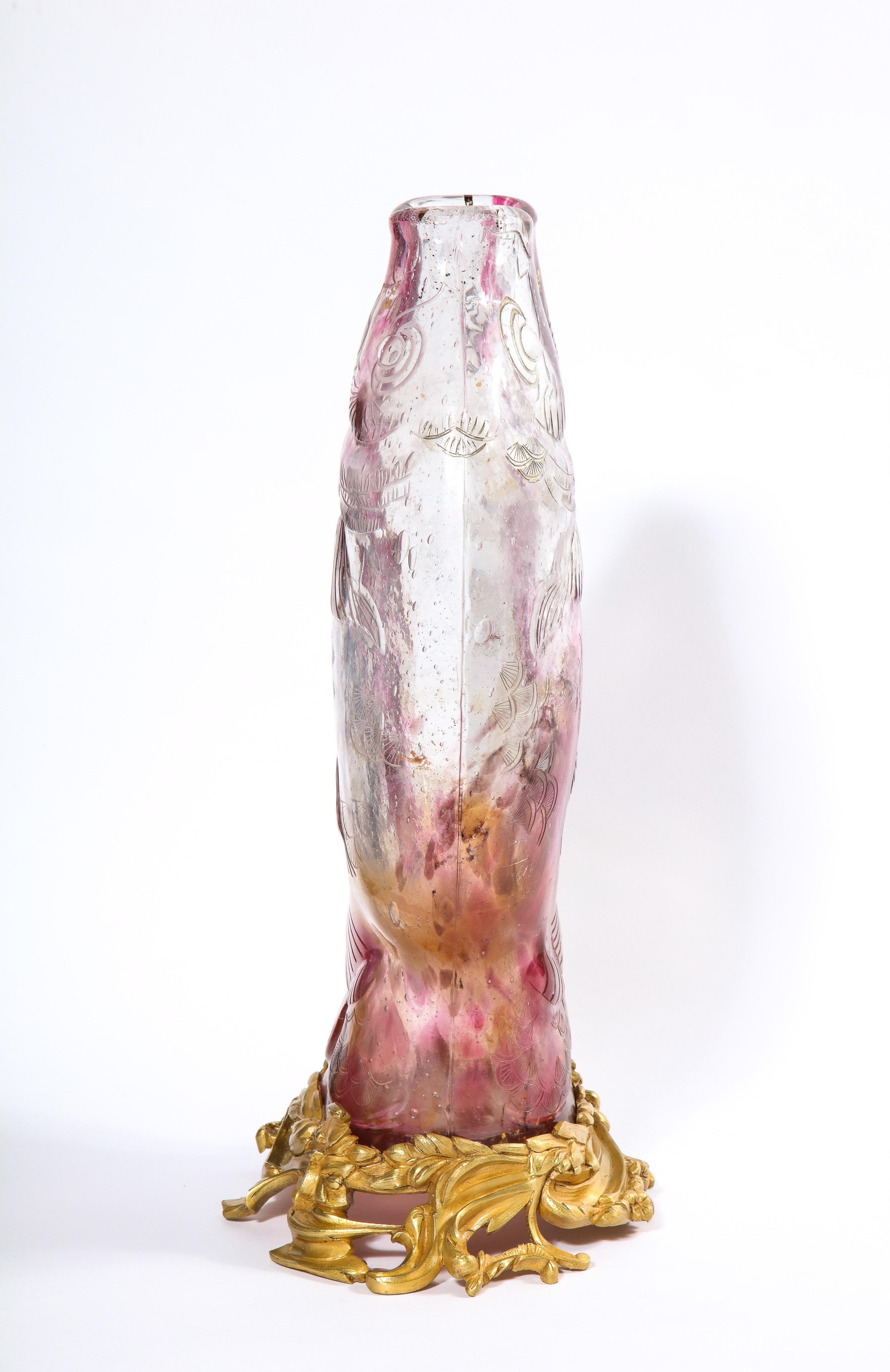 Enamel Emile Galle, A Rare & Important Ormolu-Mounted Double Carp Fish Pink-Glass Vase For Sale