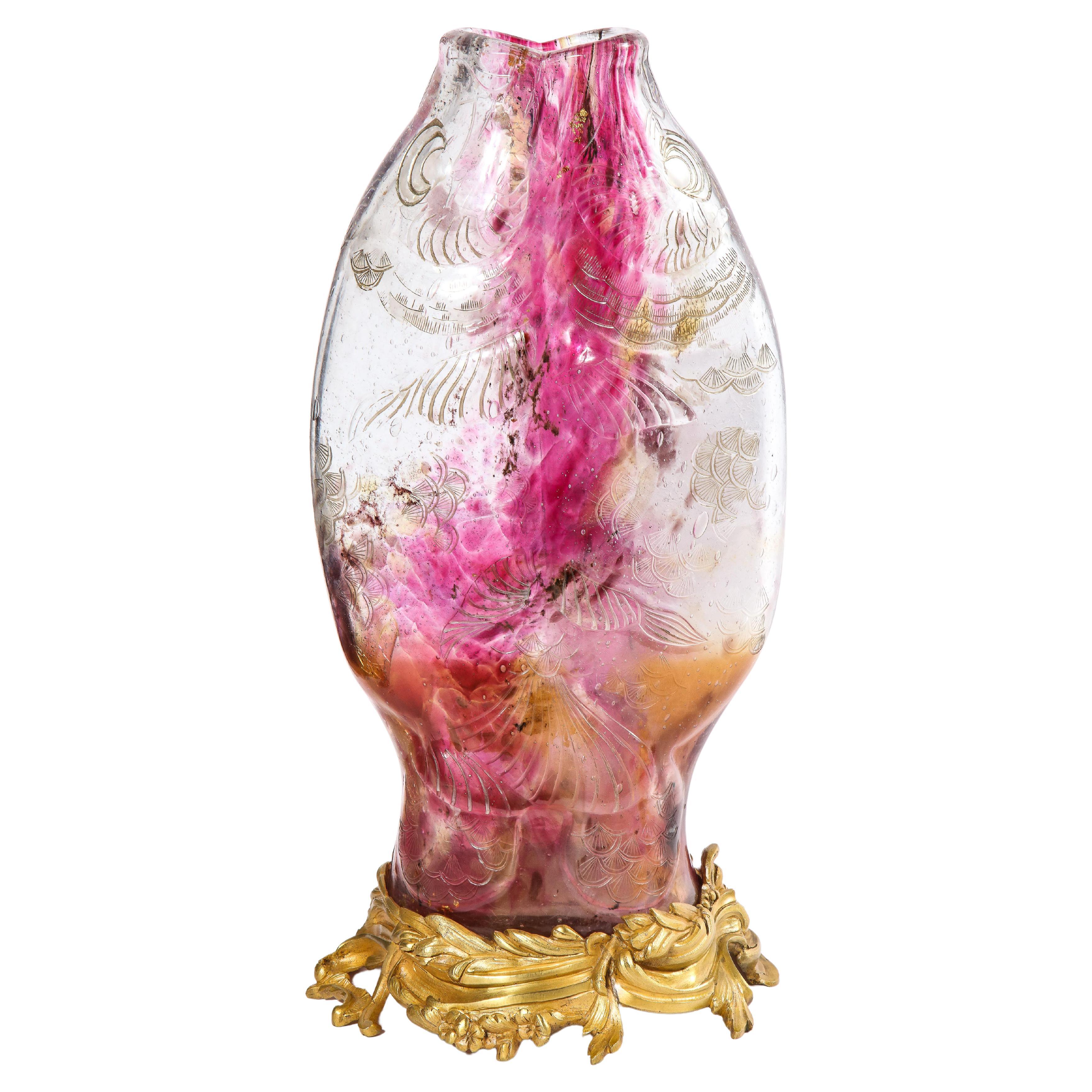 Emile Galle, A Rare & Important Ormolu-Mounted Double Carp Fish Pink-Glass Vase For Sale