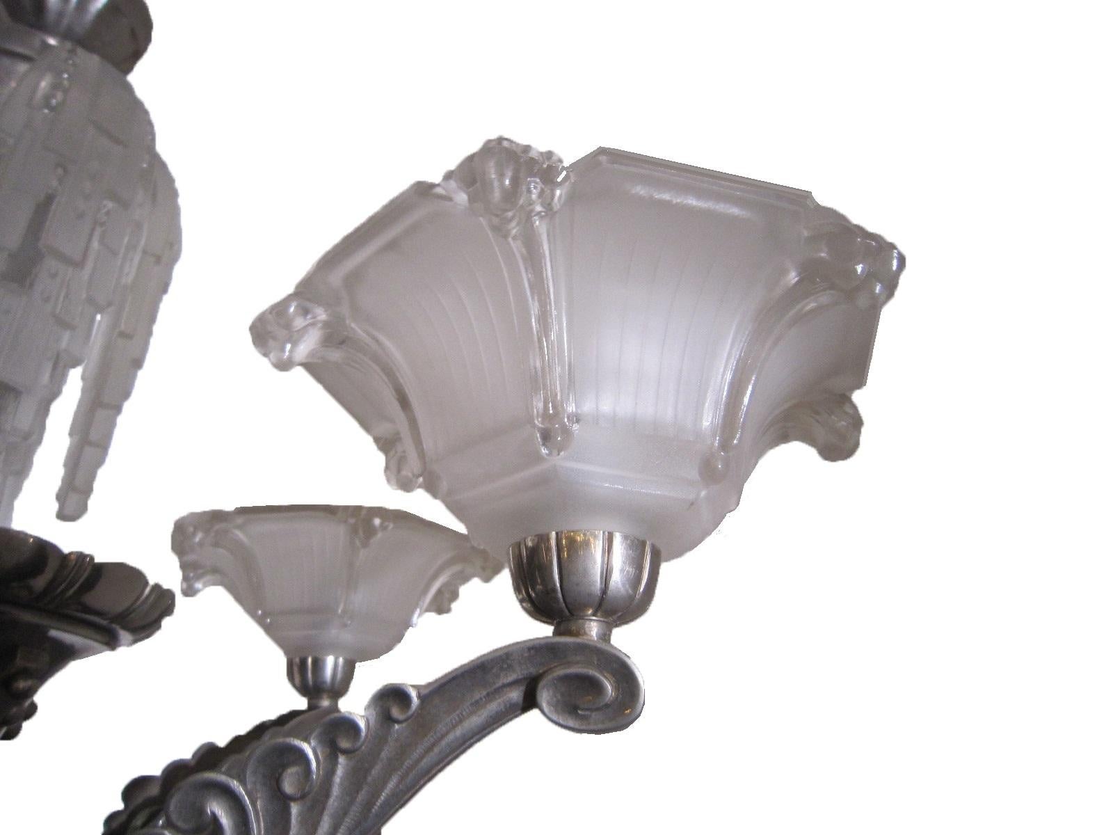 A rare important waterfall 5 arm French chandelier w/frosted glass cups Petitot For Sale 4