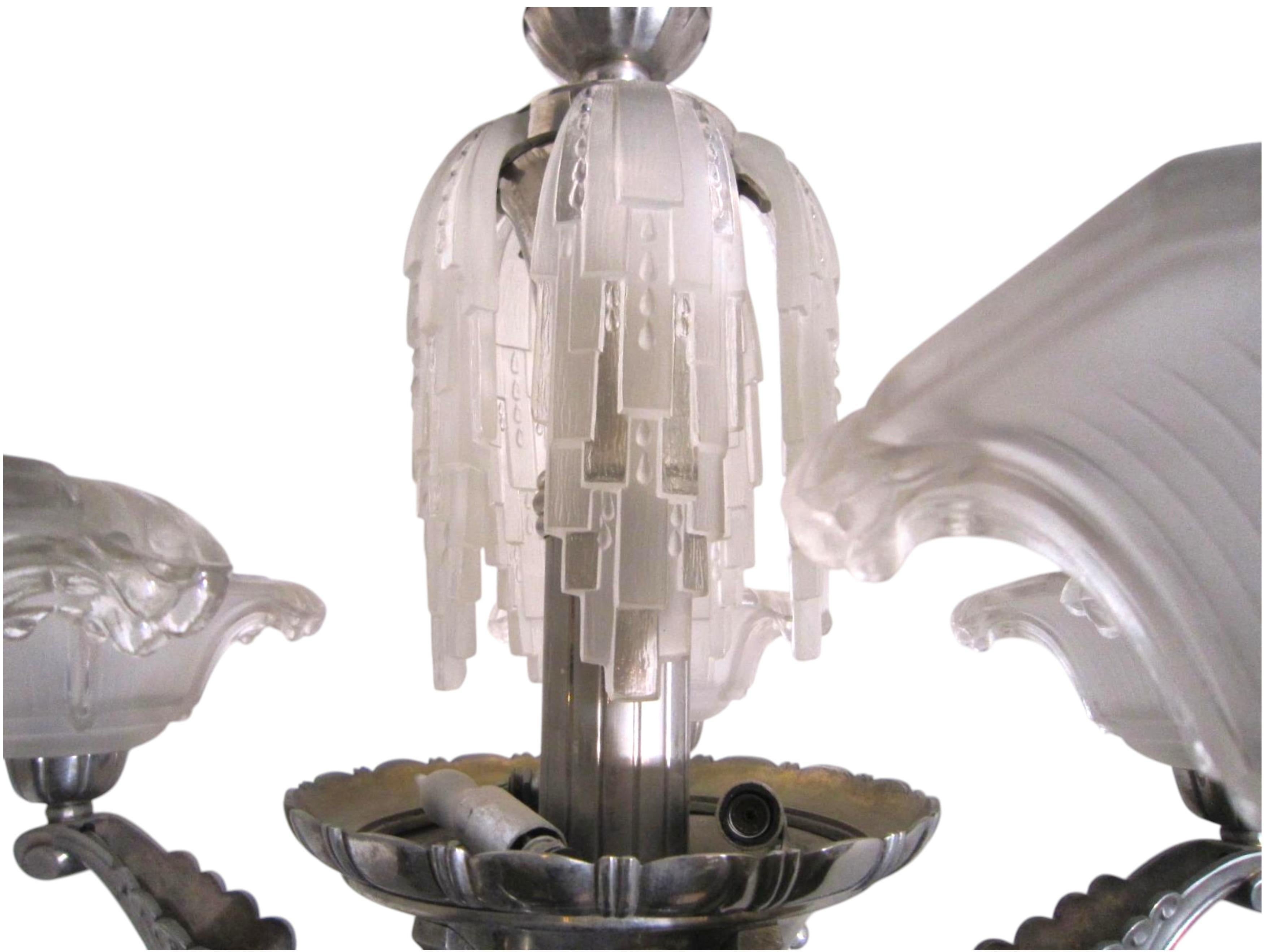 A rare important waterfall 5 arm French chandelier w/frosted glass cups Petitot For Sale 5
