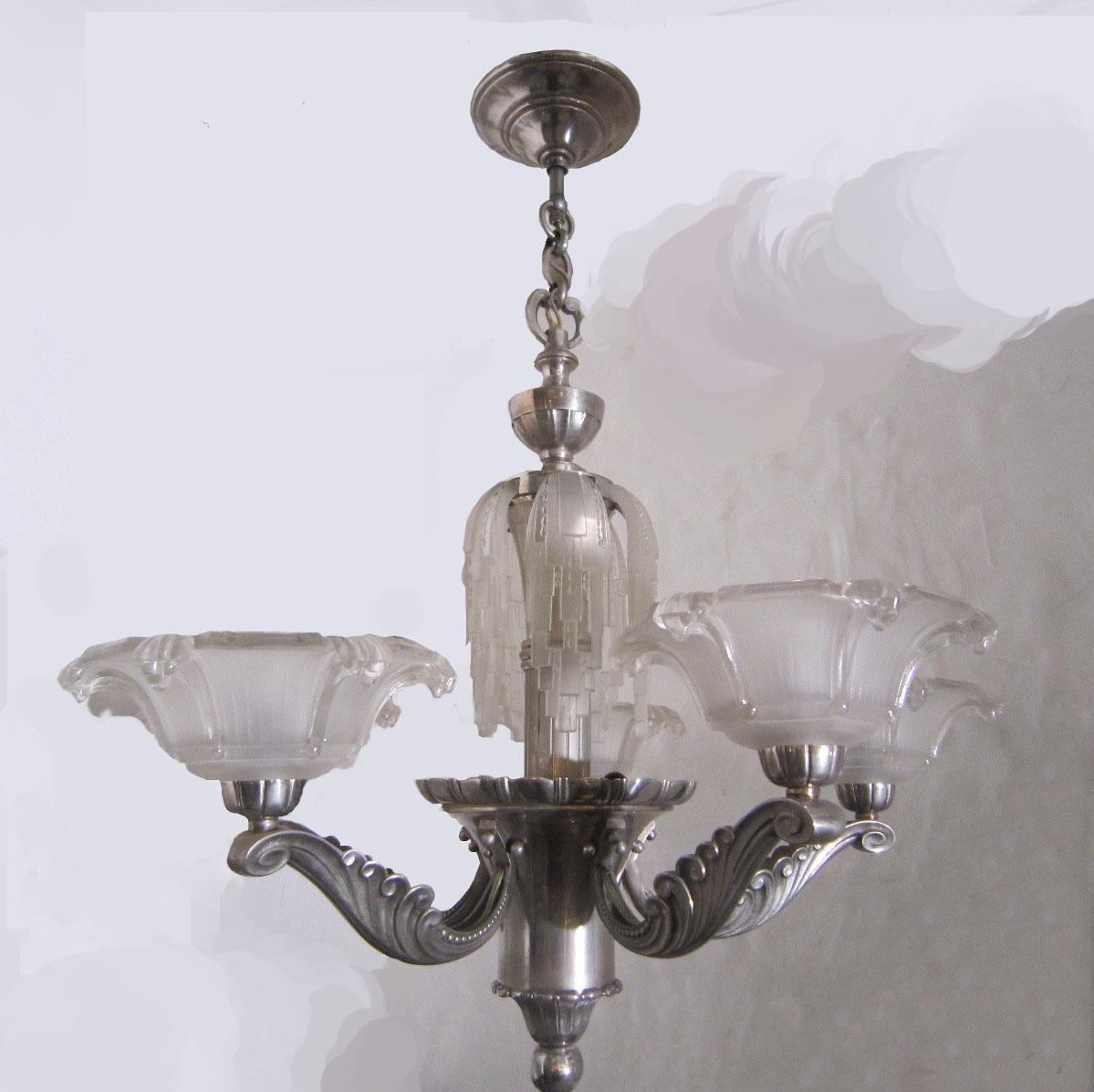 A rare important waterfall 5 arm French chandelier w/frosted glass cups Petitot For Sale 13
