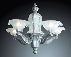 A rare important waterfall 5 arm French chandelier w/frosted glass cups Petitot