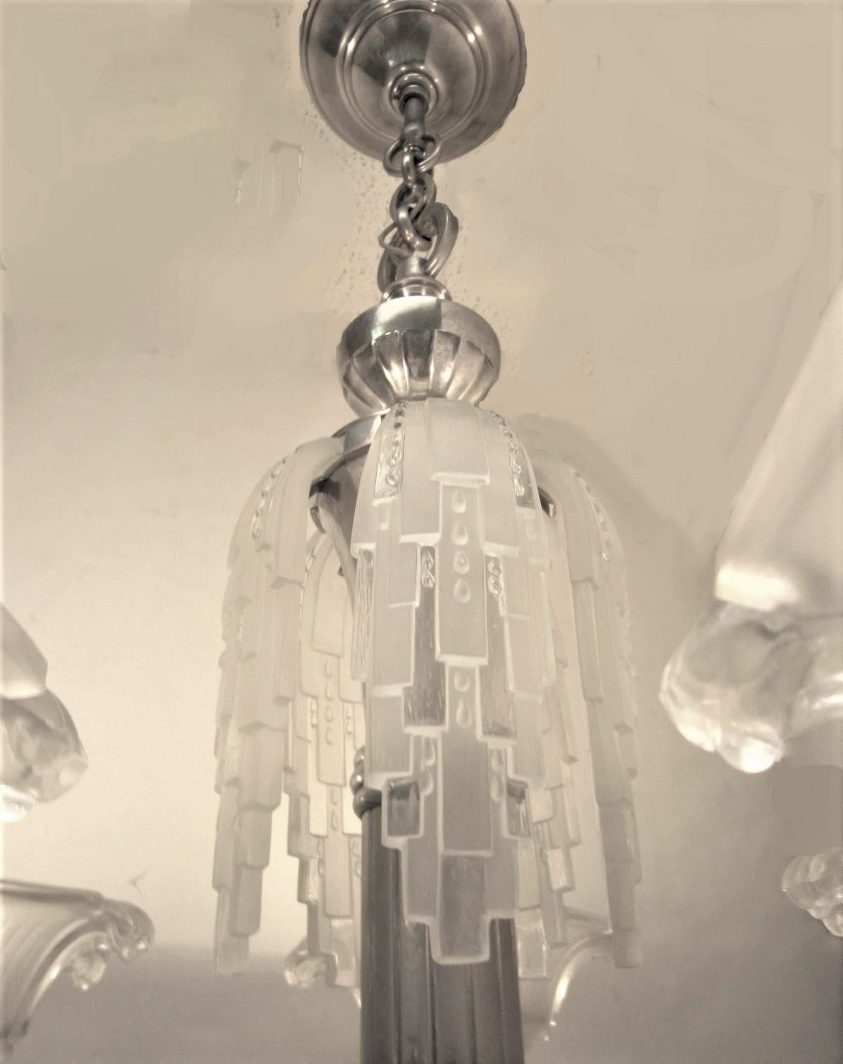 Art Deco A rare important waterfall 5 arm French chandelier w/frosted glass cups Petitot For Sale
