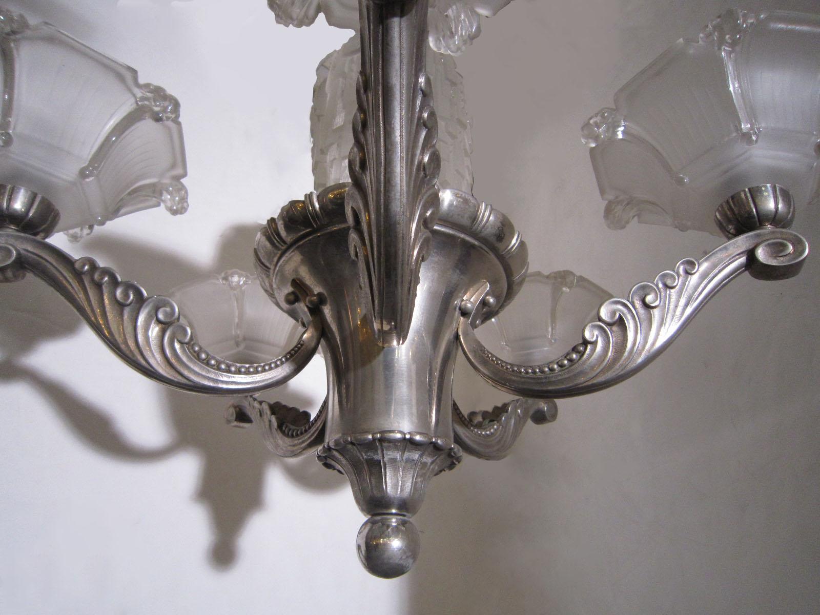 A rare important waterfall 5 arm French chandelier w/frosted glass cups Petitot For Sale 1