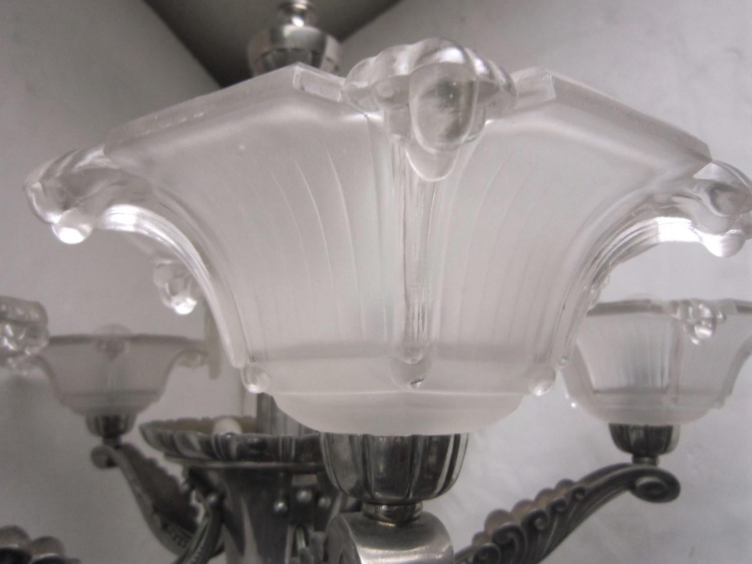 A rare important waterfall 5 arm French chandelier w/frosted glass cups Petitot For Sale 2