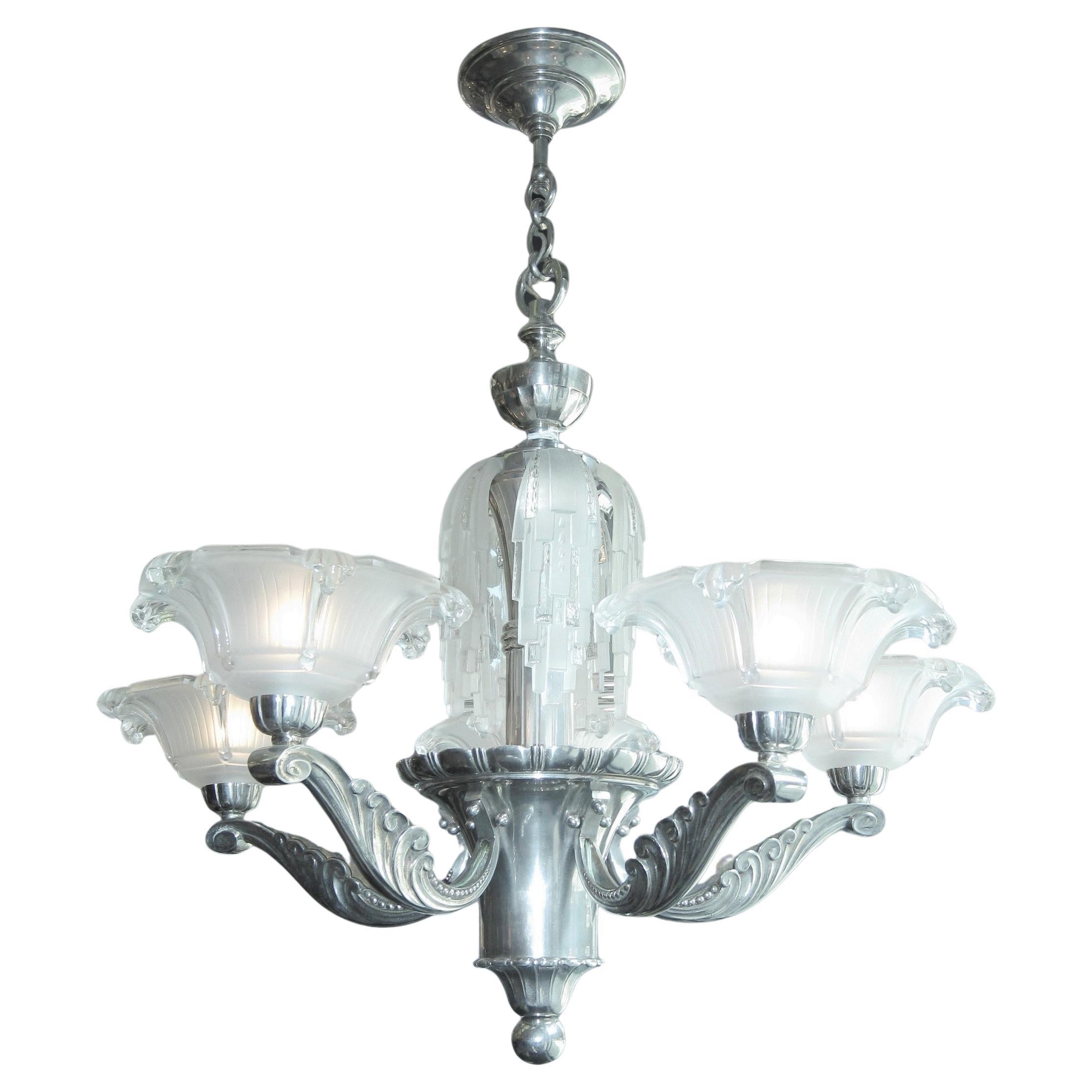 A rare important waterfall 5 arm French chandelier w/frosted glass cups Petitot For Sale