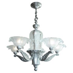 Rare lustre français à 5 bras en cascade avec coupes en verre dépoli Petitot