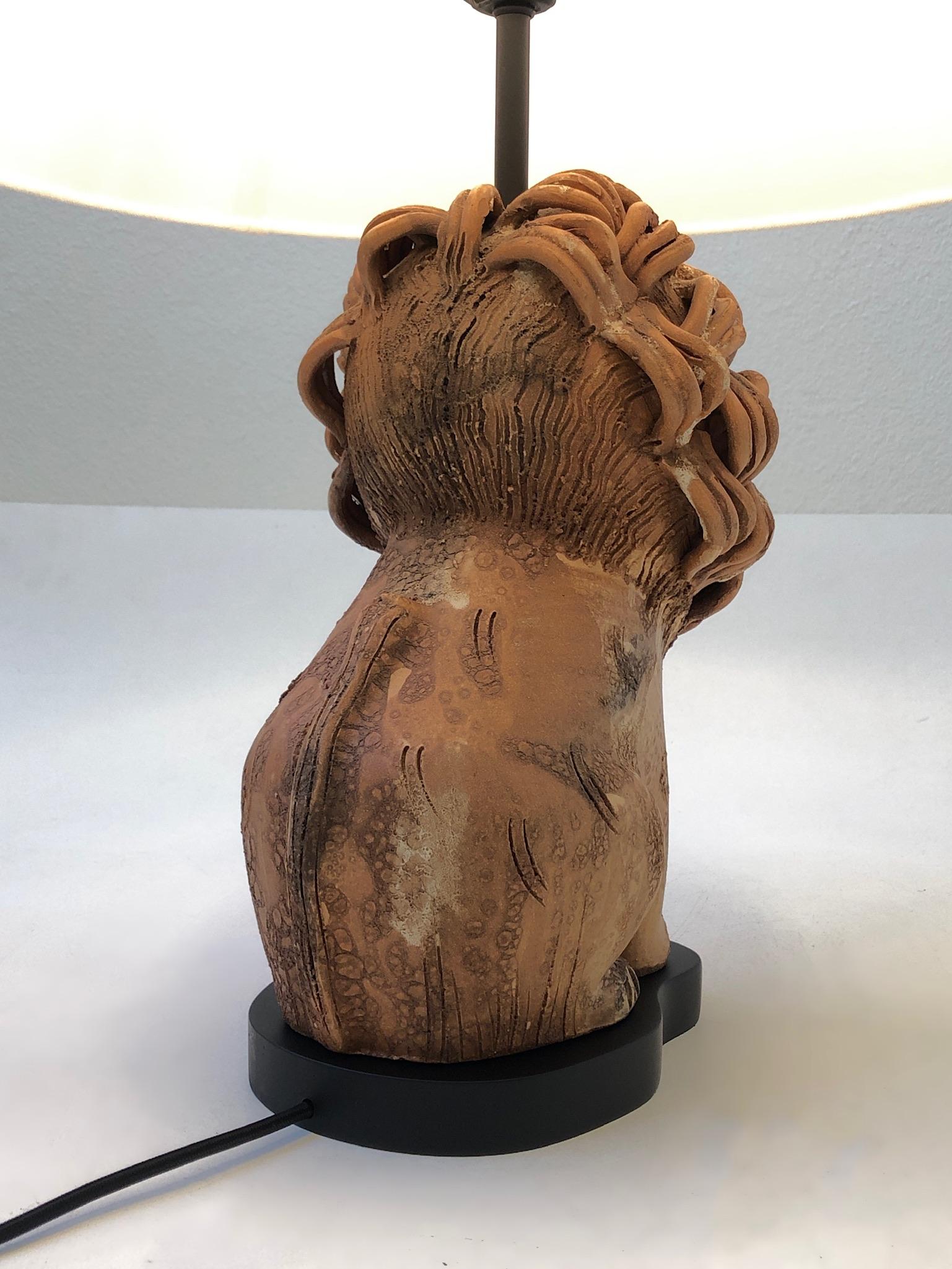 Brass Rare Italian Ceramic Lion Table Lamp by Aldo Londi for Bitossi For Sale
