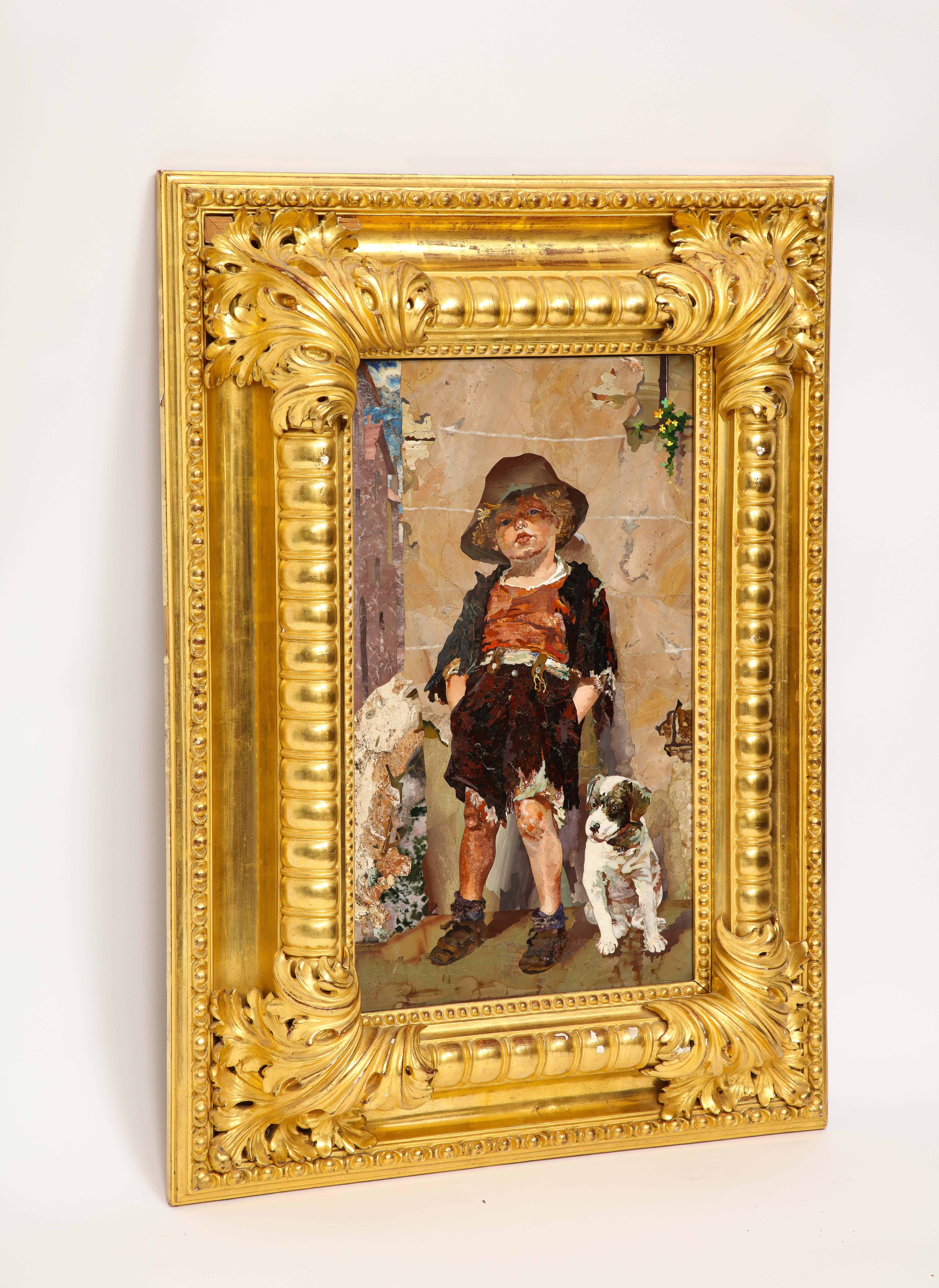 A Highly Important and Rare Italian Giltwood Framed Pietre Dure Signed By Mario Montelatici Called 'Two Little Tykes'.  This incredible Italian Florentine artistic masterpiece appears to be a painting, however, upon close observation, the piece is