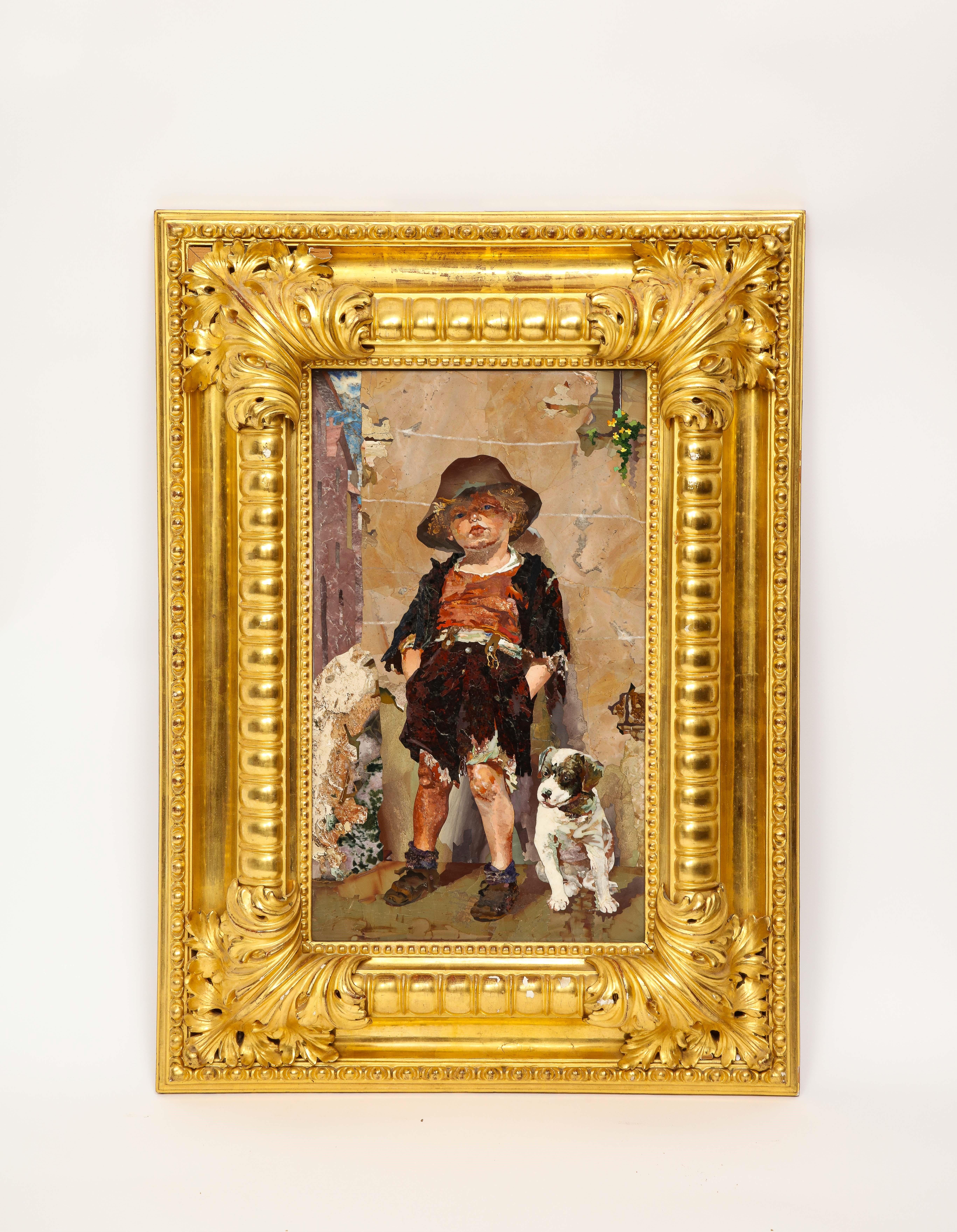 Other A Rare Italian Giltwood Framed Pietre Dure By Mario Montelatici '2 Little Tykes'