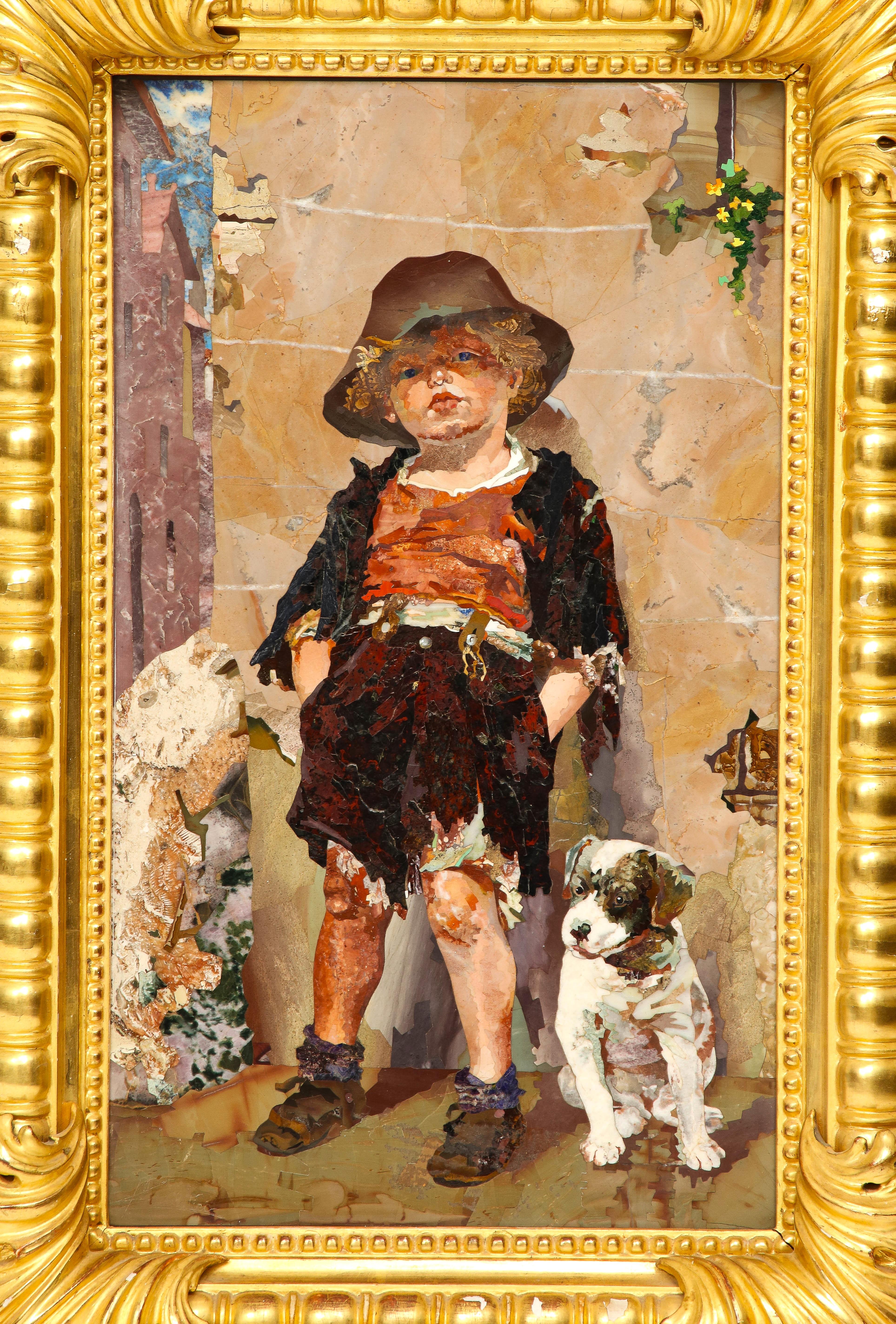 Hand-Carved A Rare Italian Giltwood Framed Pietre Dure By Mario Montelatici '2 Little Tykes'