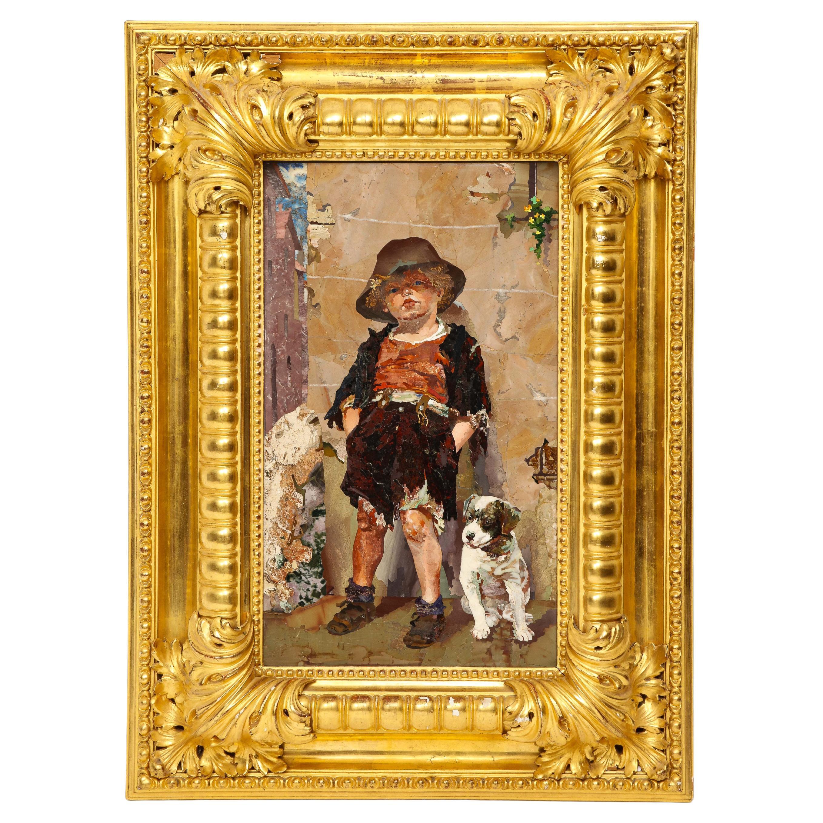 A Rare Italian Giltwood Framed Pietre Dure By Mario Montelatici '2 Little Tykes'