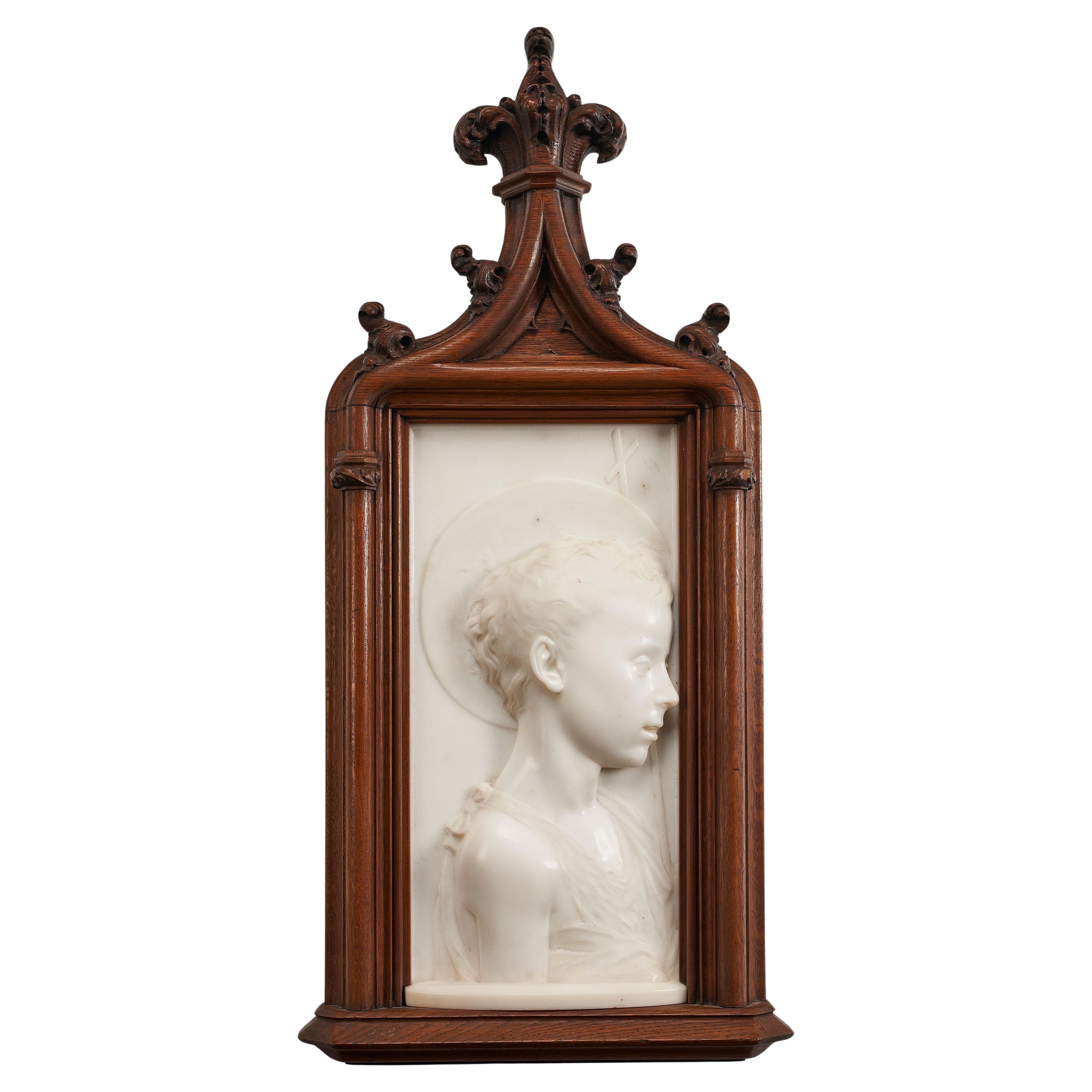 Rare Italian White Marble Relief of "Young Saint John the Baptist" circa 1860 For Sale
