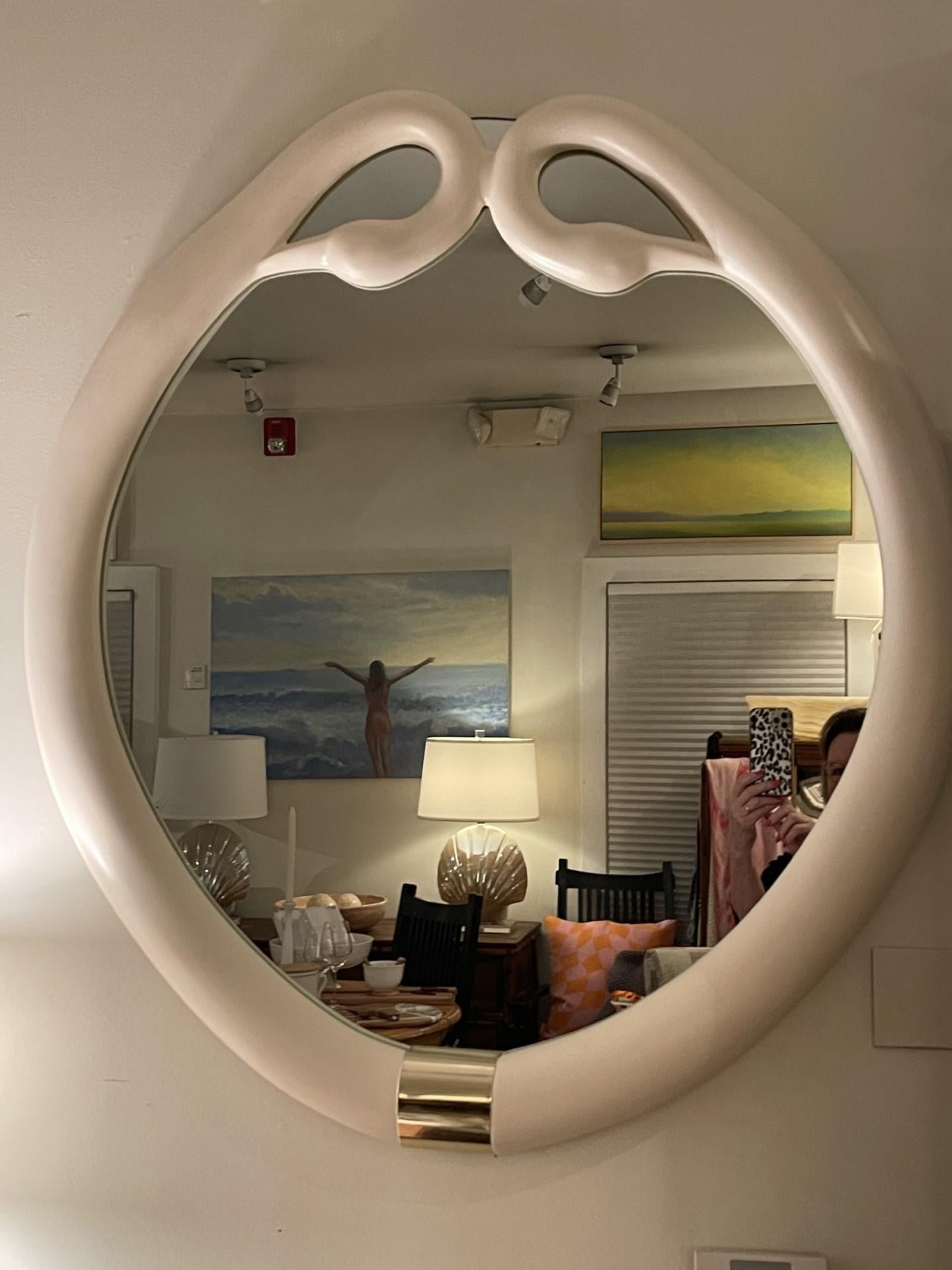 A Rare Ivory Faux 1980s Swam Framed Mirror In Excellent Condition For Sale In Bellport, NY