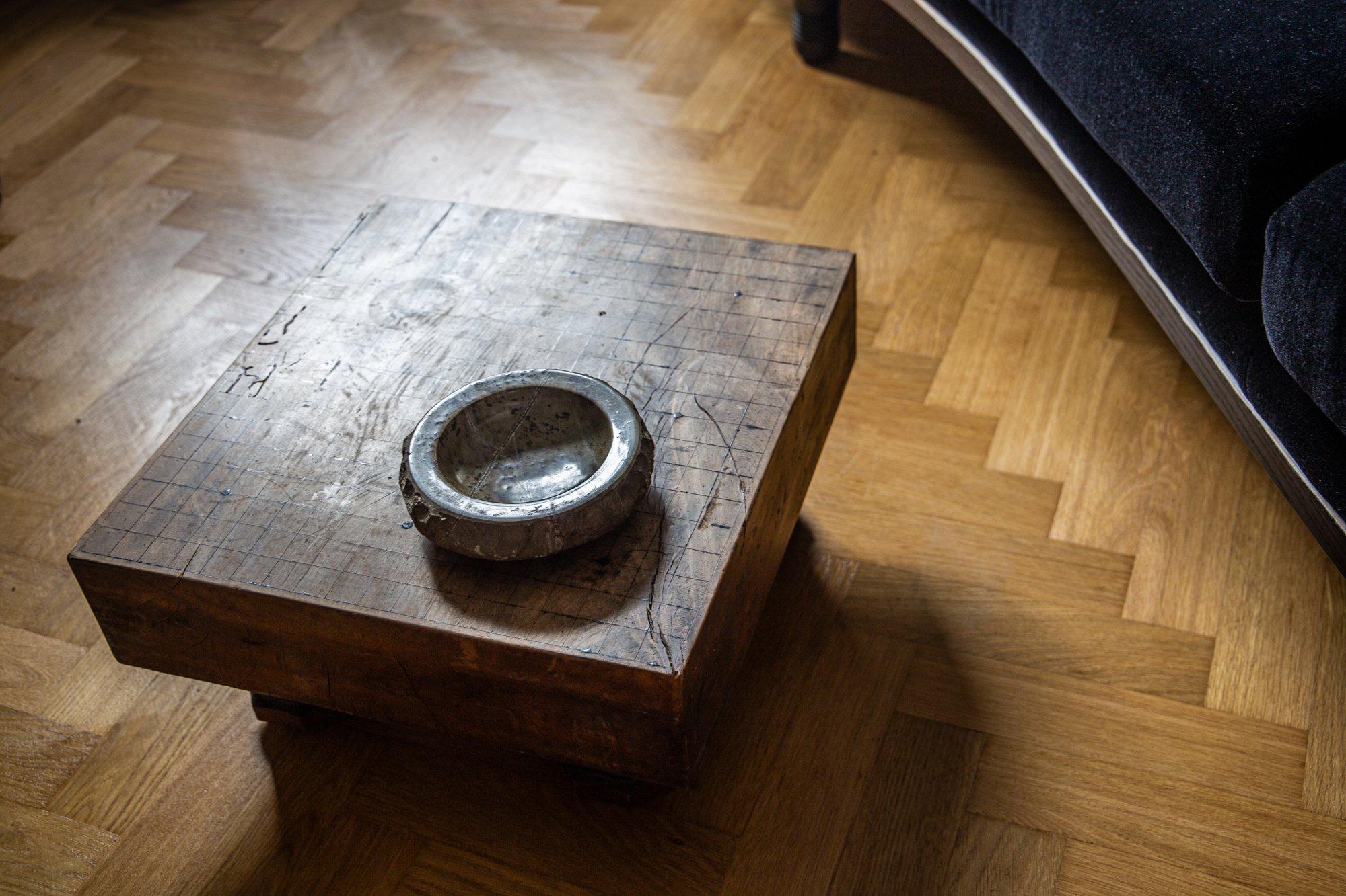With deeply cut wood block square form, with four hexagonal feet. The top with hand painted ink grid formation design. Hand made in beautiful 'Sugi' Japanese Cedar wood, with beautiful antique patina. Go is an abstract strategy board game for two