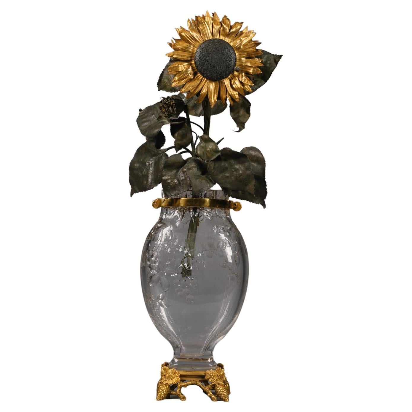 Rare 'Japonisme' Cut-Crystal Glass Sunflower Clock by Baccarat For Sale